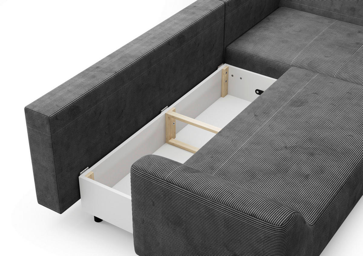 ECKSCHLAFSOFA  mit Bettkasten erhältlich, seitenverkehrt erhältlich, Schlafen auf Sitzhöhe, Bettfunktion erhältlich, Rücken echt Cord Silberfarben  - Silberfarben/Schwarz, Design, Textil/Metall (273/167cm) - MID.YOU
