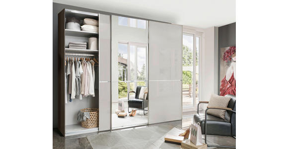 SCHWEBETÜRENSCHRANK 300/236/67 cm 3-türig Grau, Dunkelgrau - Chromfarben/Dunkelgrau, KONVENTIONELL, Glas/Holzwerkstoff (300/236/67cm) - Novel