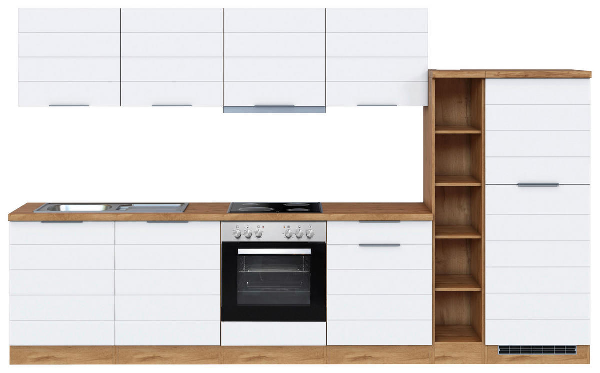 KÜCHENBLOCK 330 cm   in Weiss, Eiche Wotan  - Weiss/Eiche Wotan, Design, Holzwerkstoff/Metall (330cm) - Held
