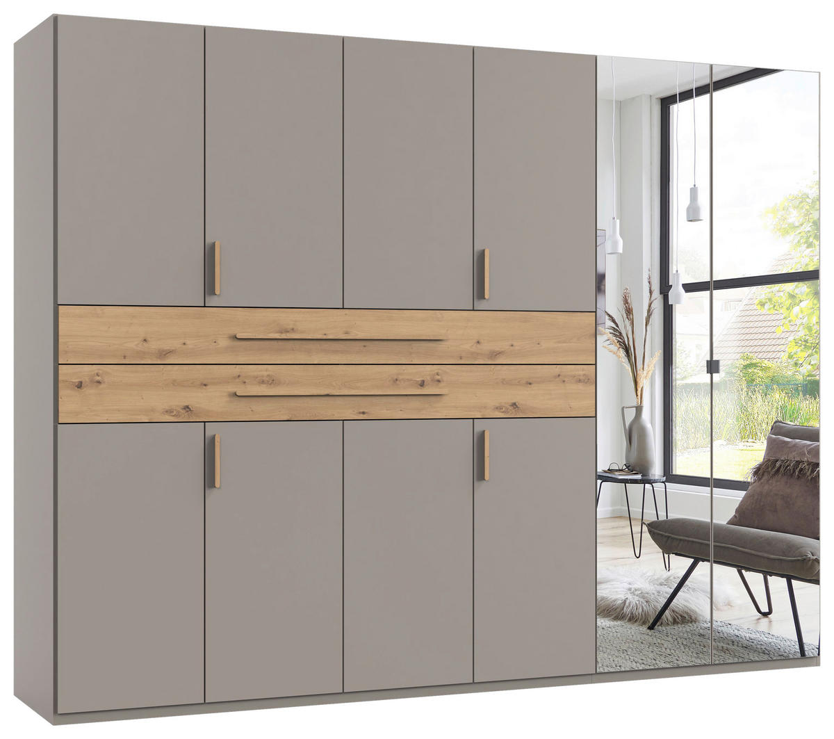 OMARA ZA OBLAČILA, siva, sahara, hrast artisan  - sahara/siva, Design, steklo/leseni material (270/208/65cm) - Carryhome