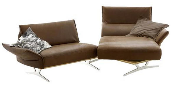 Wohnlandschaft m. Drehfunktion Braun Echtleder - Beige/Silberfarben, Natur, Leder/Holz (254/158-193cm) - Ambiente