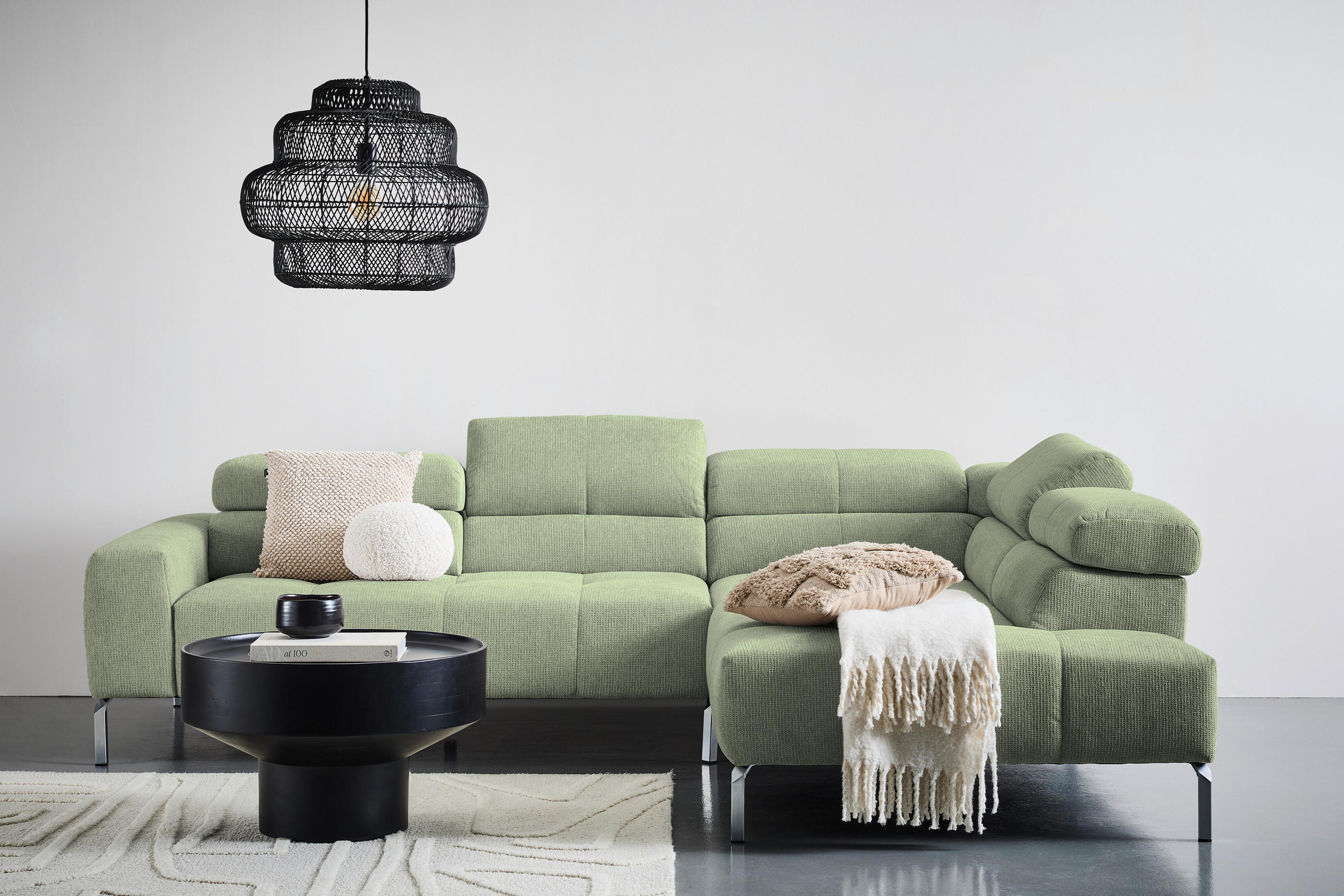 ECKSOFA in Flachgewebe Olivgrün  282/224 cm  - Chromfarben/Olivgrün, KONVENTIONELL, Textil/Metall (282/224cm) - Hom`in