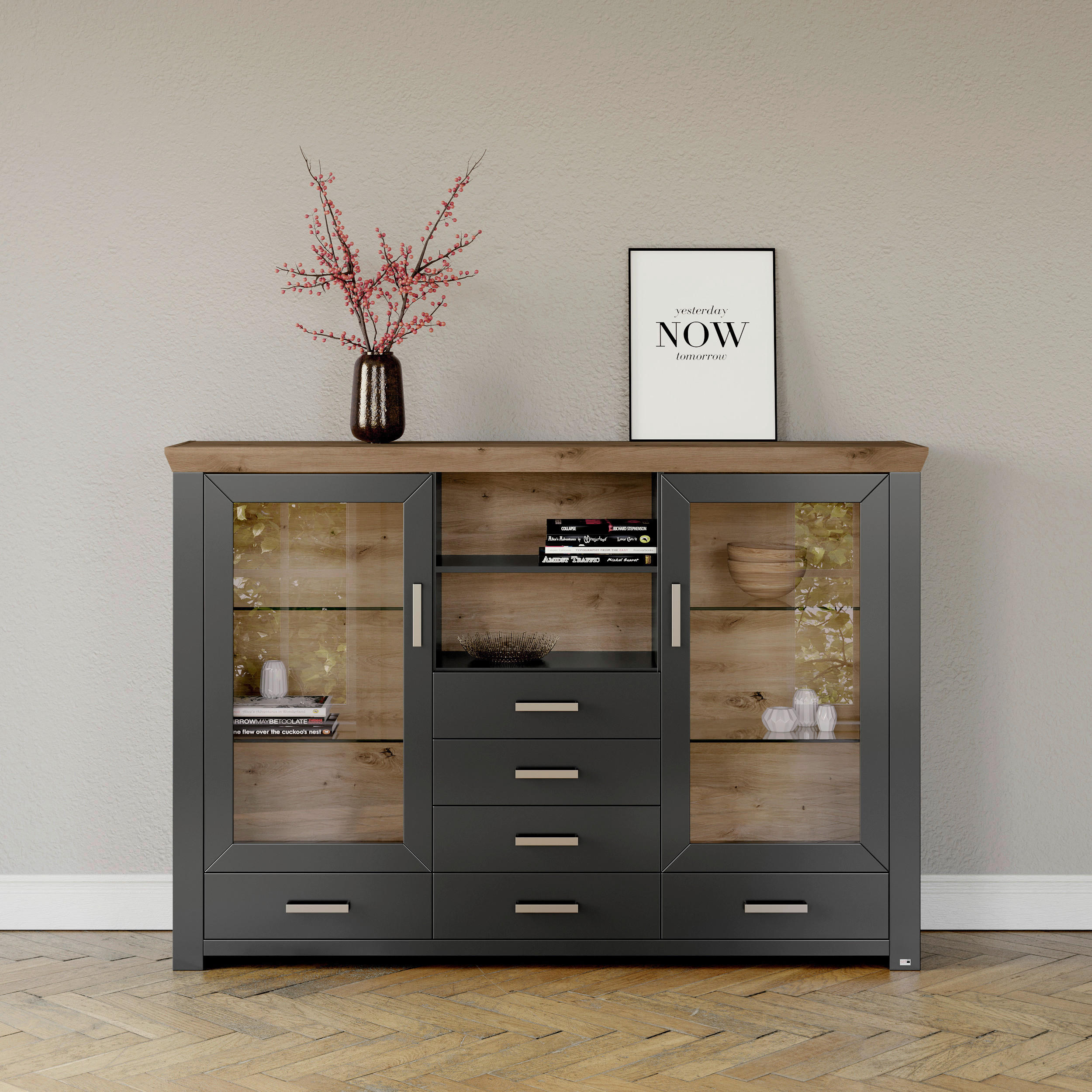 HIGHBOARD  in 184,1/126,6/44,2 cm  - Graphitfarben/Eiche Artisan, Design, Glas/Holzwerkstoff (184,1/126,6/44,2cm) - SetOne by Musterring