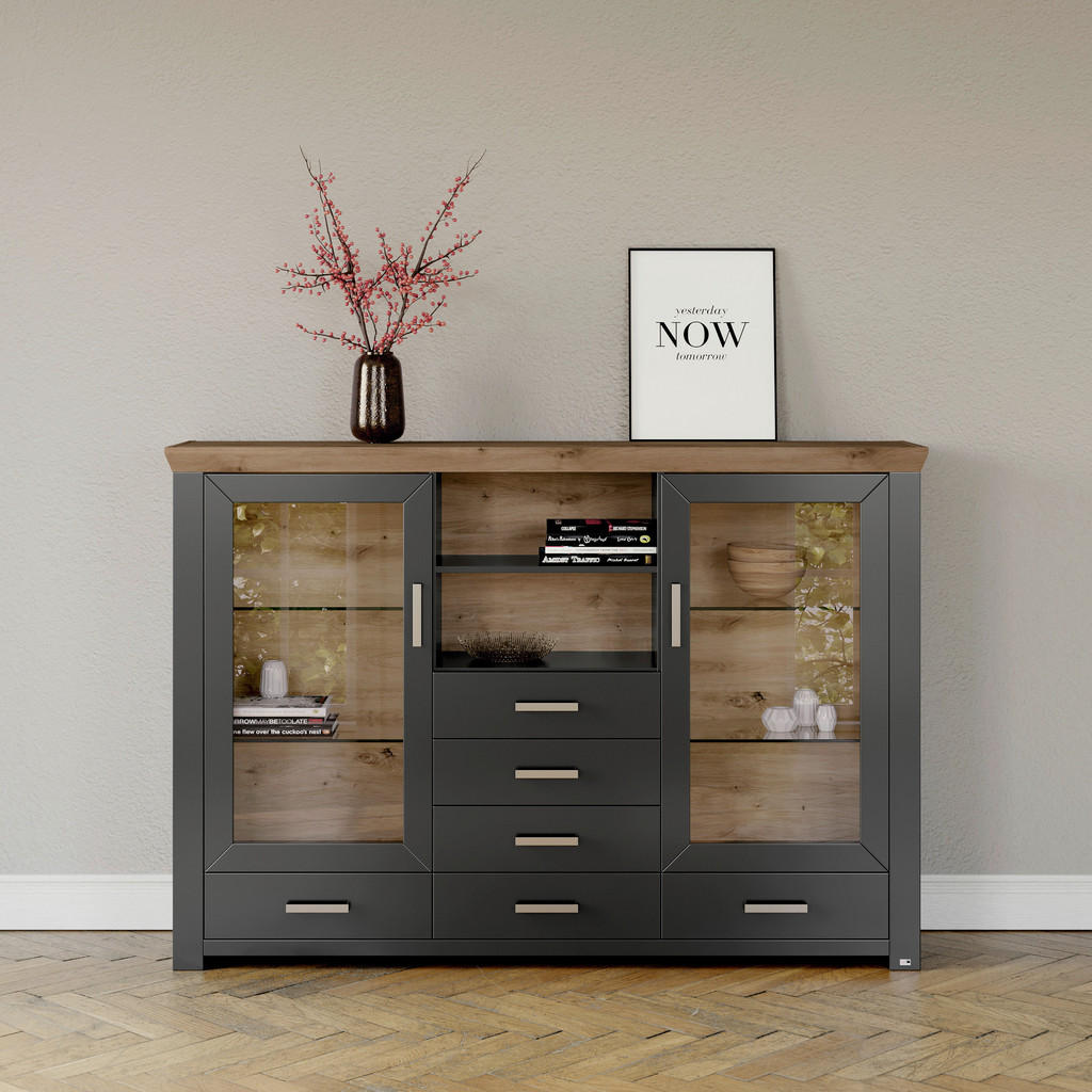 Thumbnail - SetOne by Musterring Highboard, Graphit, Eiche Artisan, Metall, 5 Fächer, 6 Schubladen, 184.1x126.6x44.2 cm, Beimöbel er...