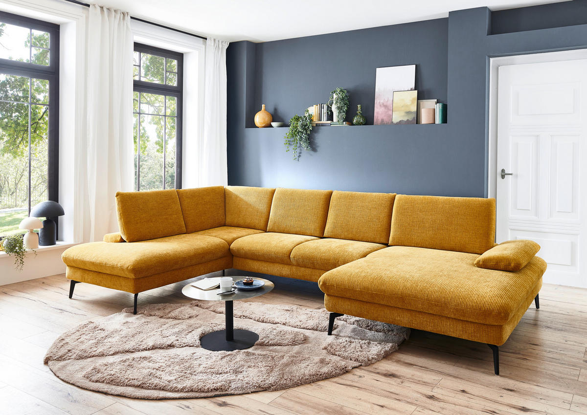 WOHNLANDSCHAFT in Webstoff Currygelb  - Currygelb/Schwarz, Design, Textil/Metall (208/354/157cm) - Dieter Knoll