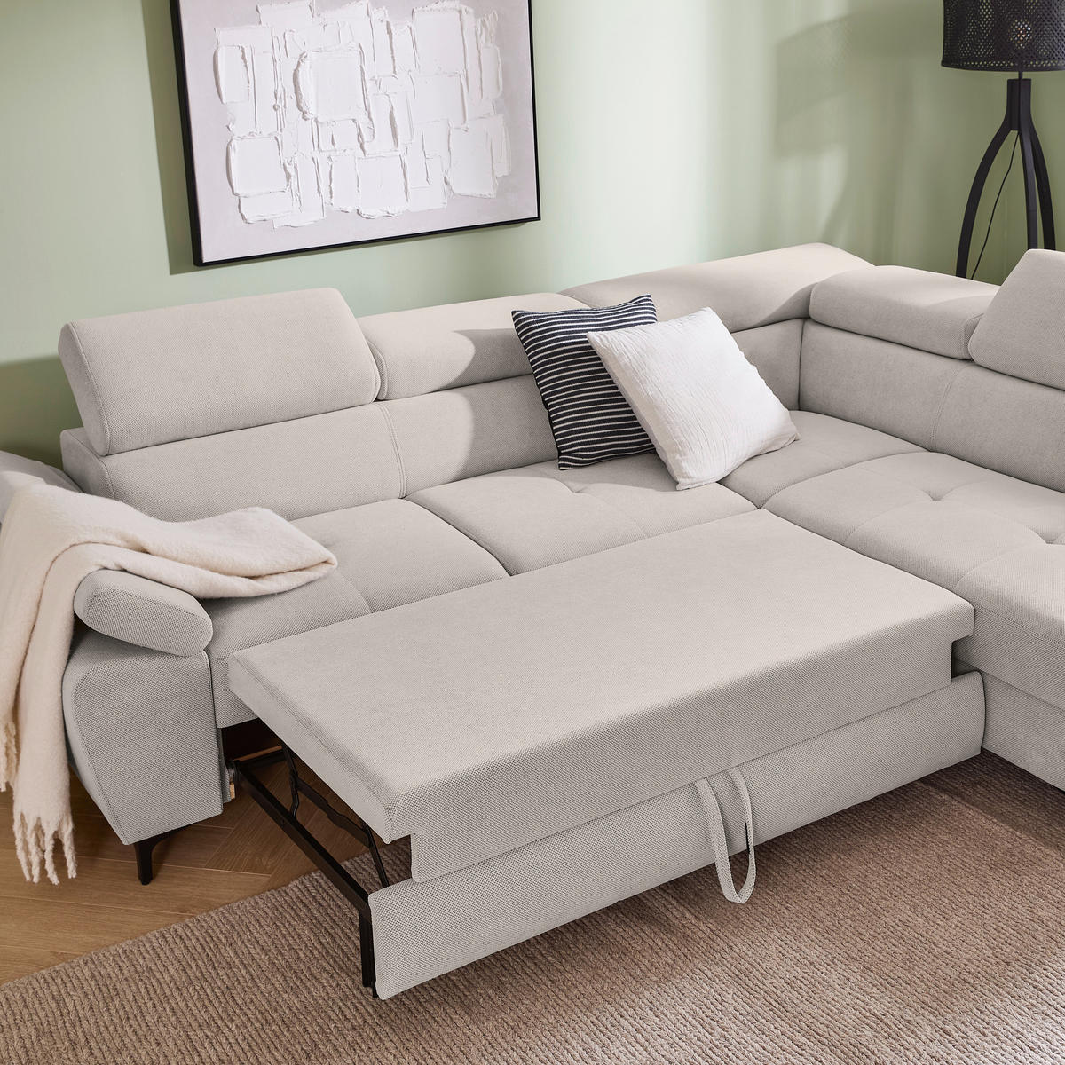 ECKSOFA in Flachgewebe Hellgrau  - Hellgrau/Schwarz, Design, Textil/Metall (266/206cm) - Stylife