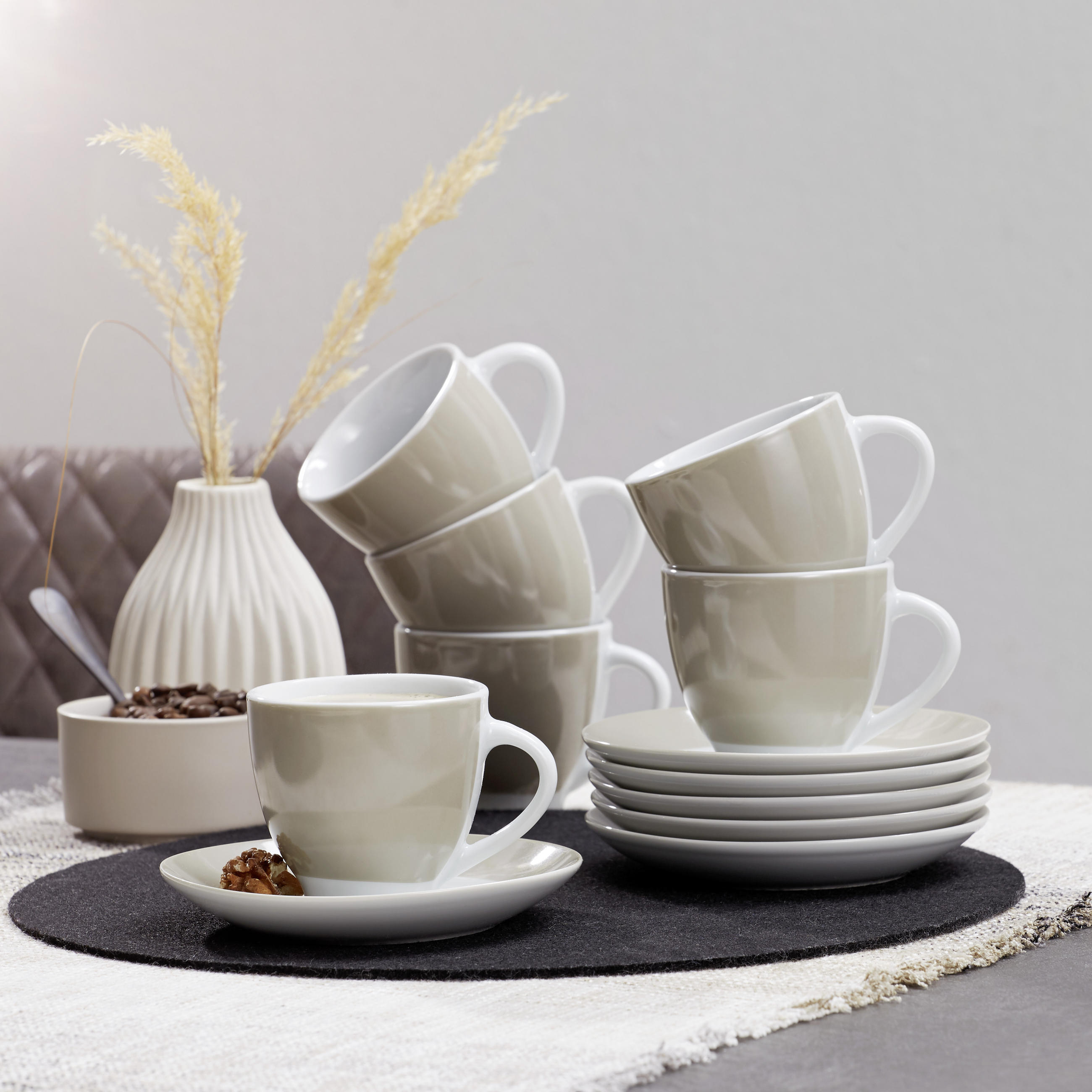 TASSENSET 6-teilig Keramik Porzellan Weiß, Taupe - Taupe/Weiß, Basics, Keramik (24,5/16,5/9,5cm)