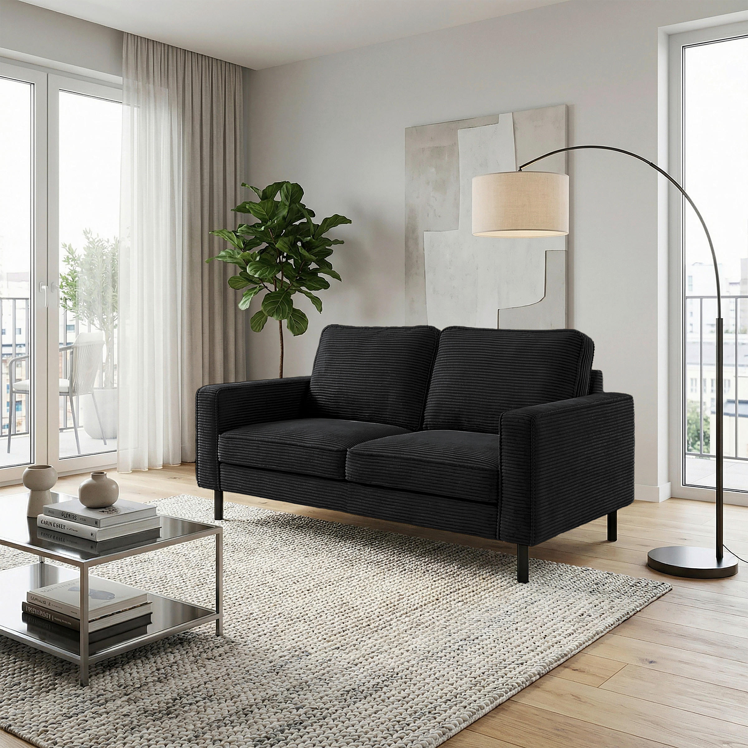 2-SITZER-SOFA  in Cord Schwarz Modern  - Schwarz, Design, Textil/Metall (148/85/92cm) - Livetastic