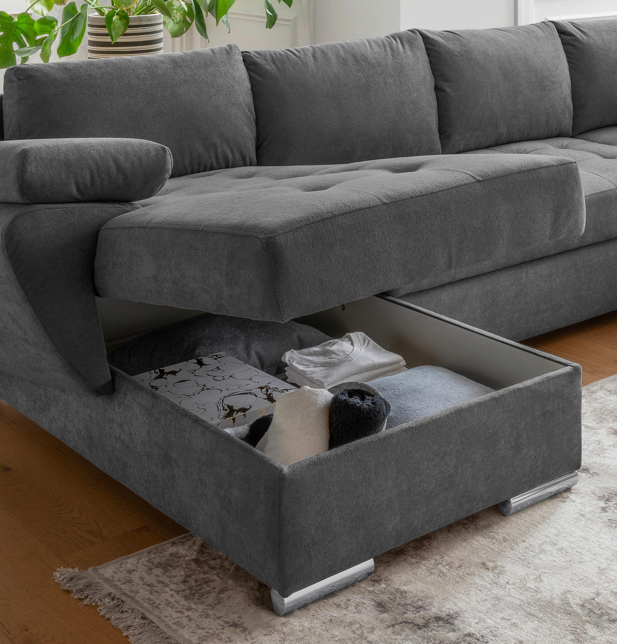 WOHNLANDSCHAFT Anthrazit Mikrofaser  - Chromfarben/Anthrazit, KONVENTIONELL, Textil/Metall (157/305/219cm) - Livetastic
