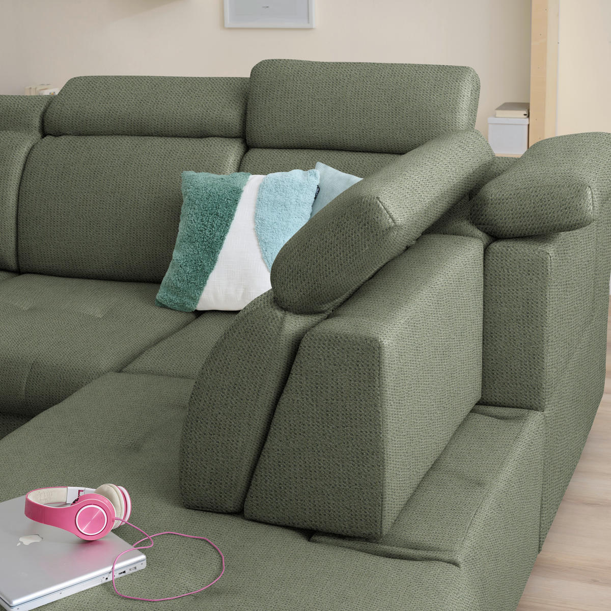 ECKSOFA  in Struktur Grün  - Schwarz/Grün, Design, Textil/Metall (292/270cm) - Stylife
