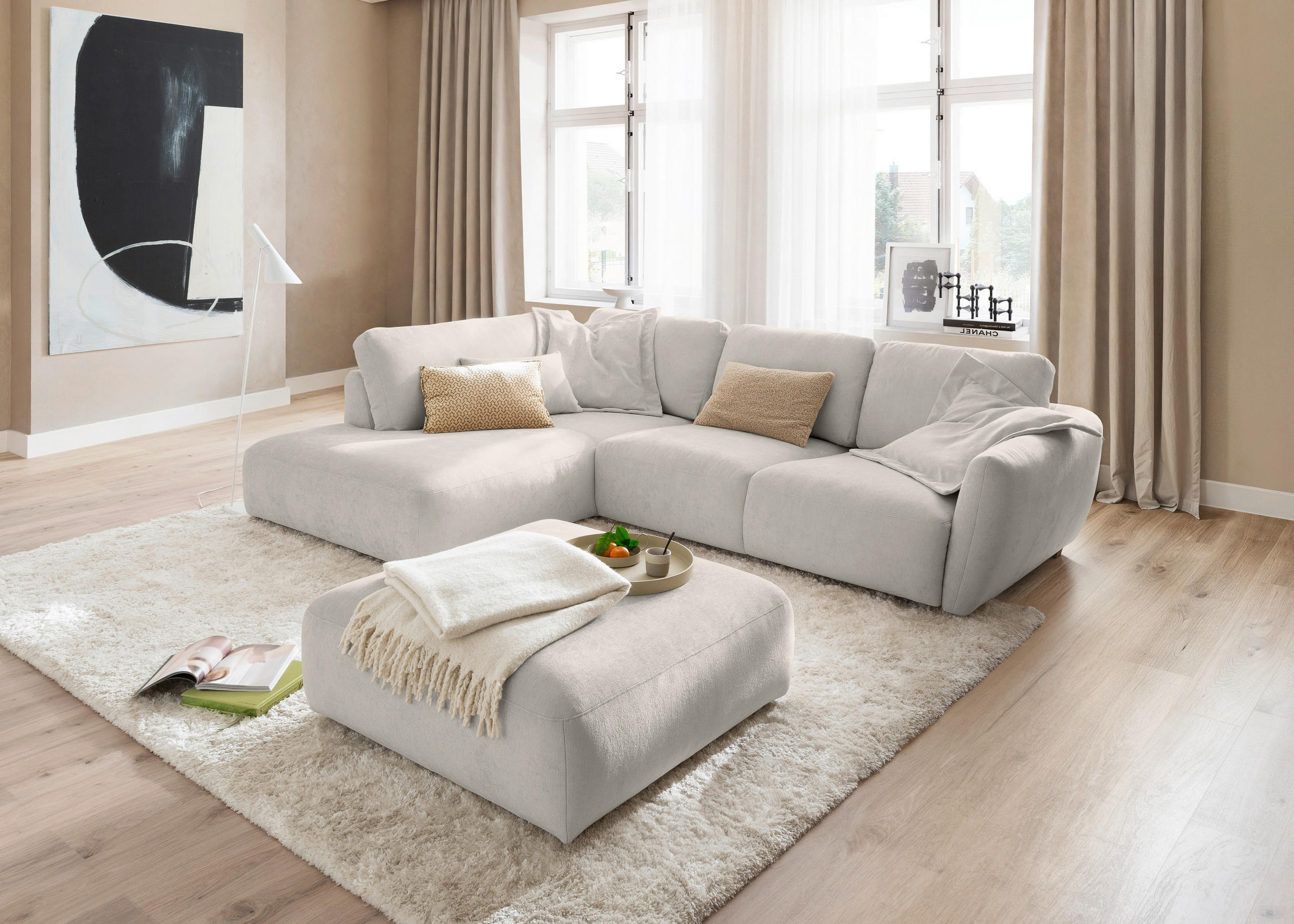 Thumbnail - Hom`in Ecksofa, Platin, Textil, 3-4-Sitzer, Füllung: Polyetherschaumkern, Silikon, Ottomane links, L-Form, 307x224 cm, S...