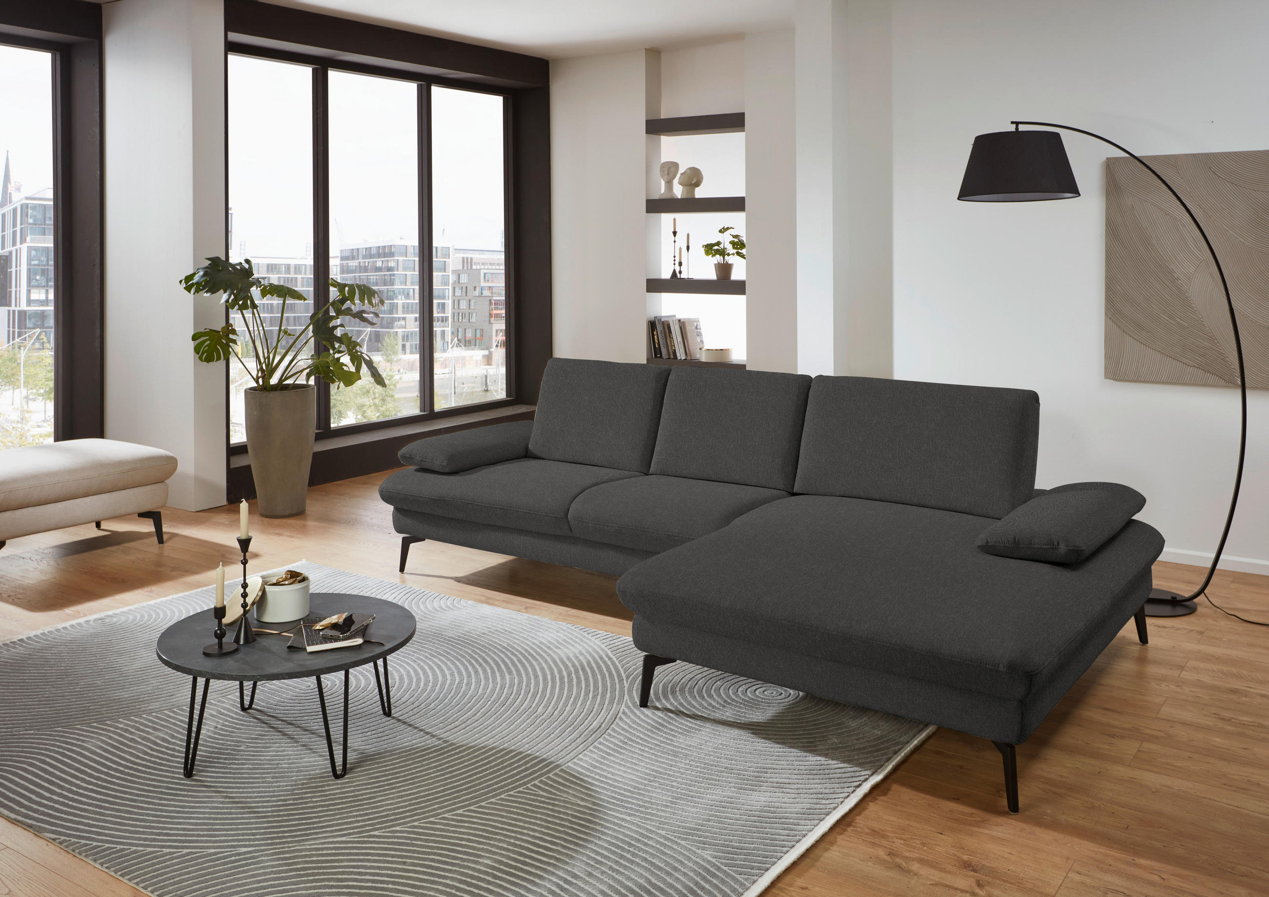 ECKSOFA in Chenille, Mikrofaser Graubraun  - Graubraun/Schwarz, Design, Textil/Metall (299/157cm) - Dieter Knoll
