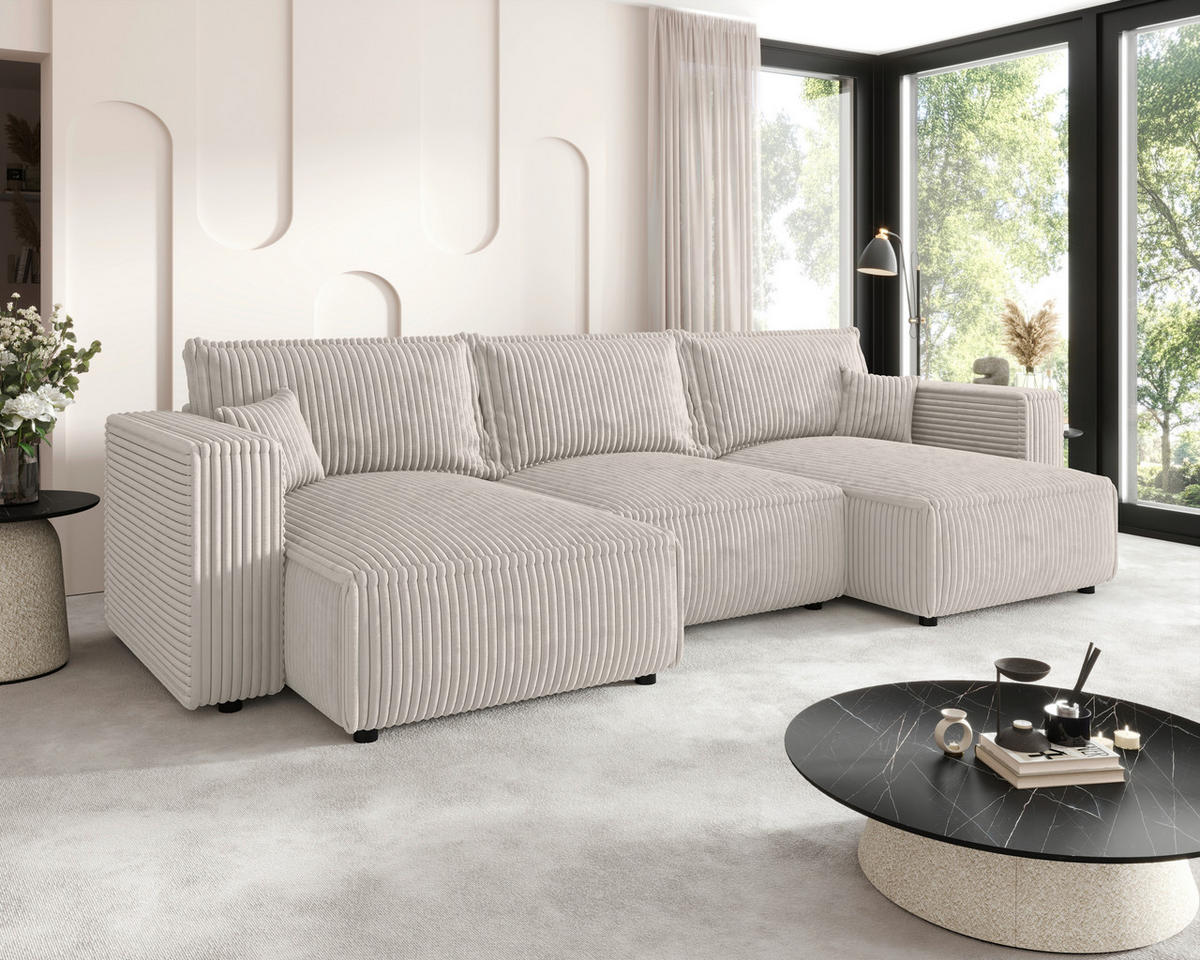 WOHNLANDSCHAFT Creme Cord  - Creme/Schwarz, MODERN, Kunststoff/Textil (153/350/153cm) - Xora