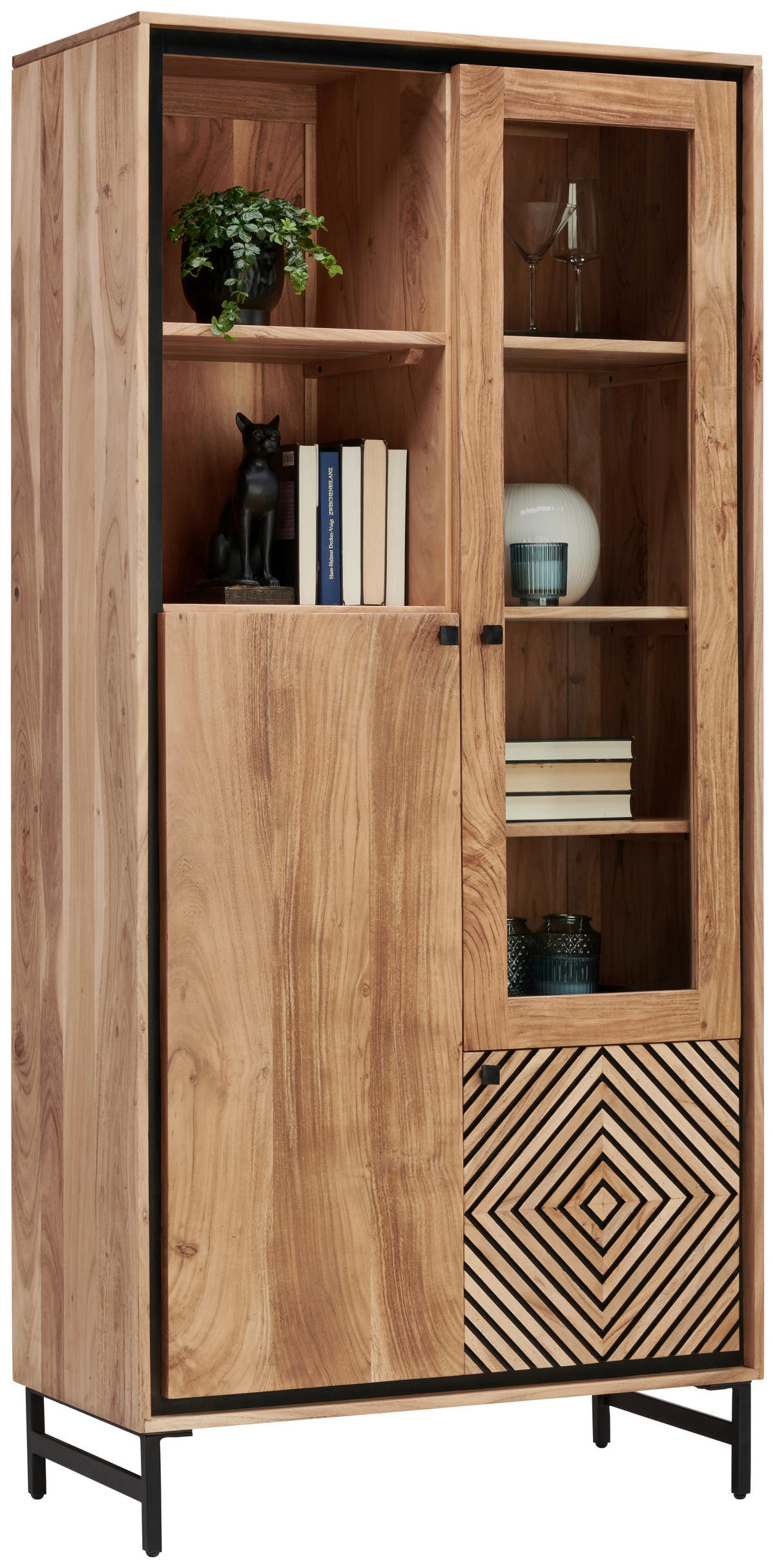 VITRINE Schwarz, Akaziefarben  90/190/42 cm  - Schwarz/Akaziefarben, Design, Glas/Holz (90/190/42cm) - Ambia Home