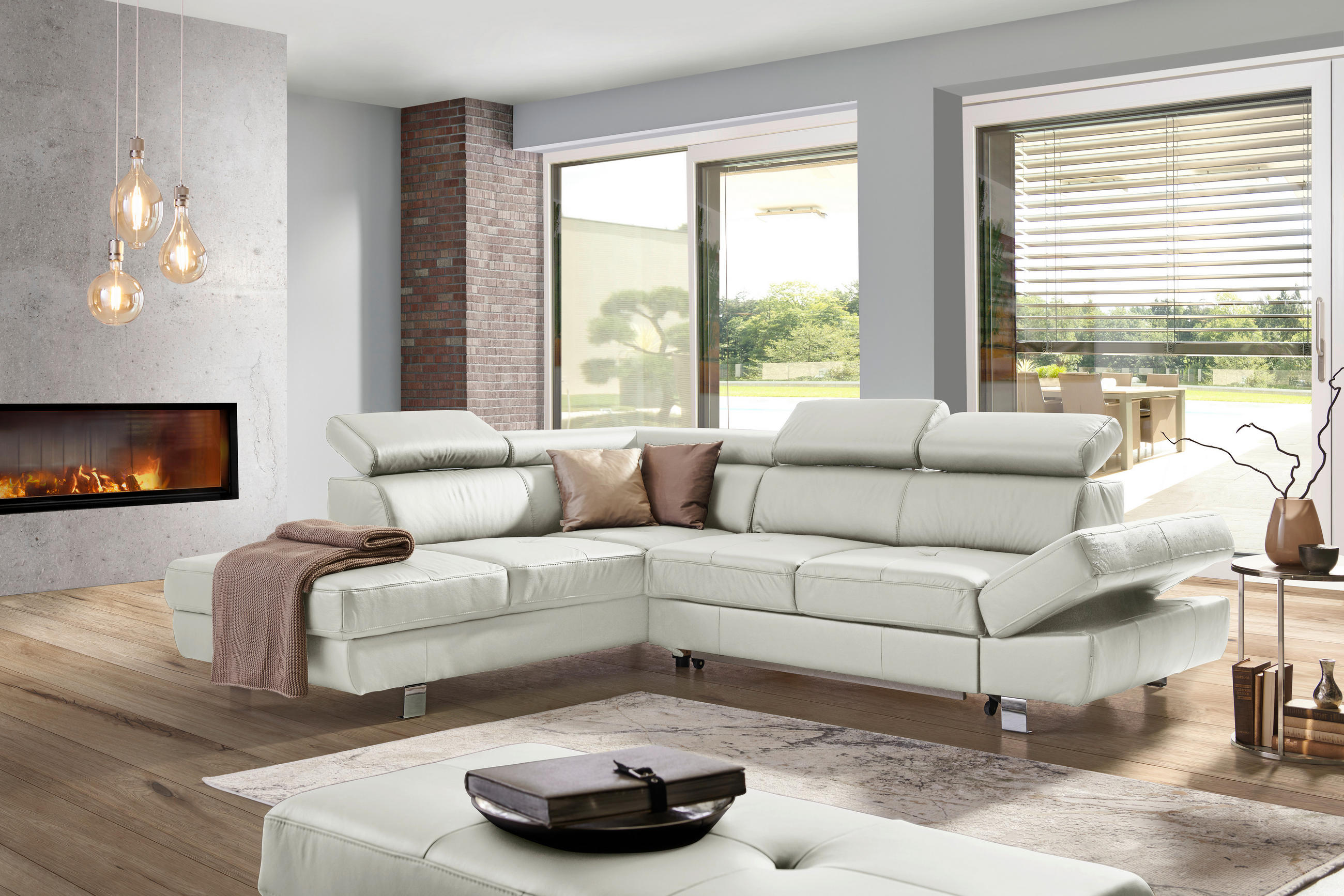 ECKSOFA in Lederlook Kombination Echtleder/Lederlook Grau  - Chromfarben/Grau, Design, Leder/Textil (265/212cm) - Stylife