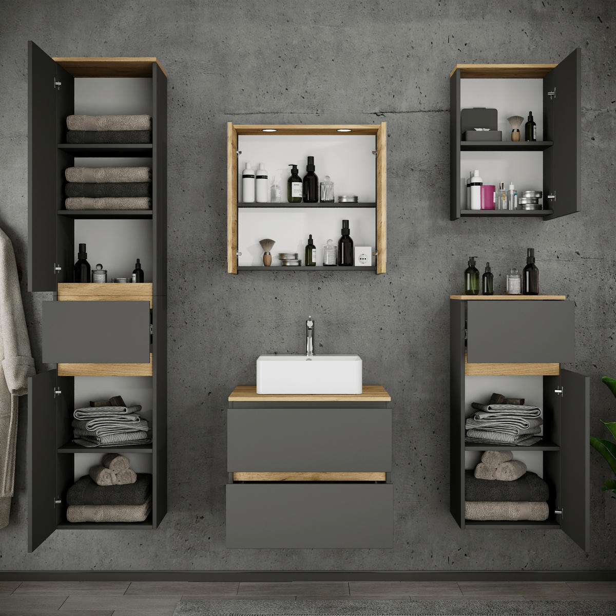 BADEZIMMER 6-teilig 140 cm  - Honigeiche/Weiss, Trend, Keramik/Holzwerkstoff (140cm) - MID.YOU