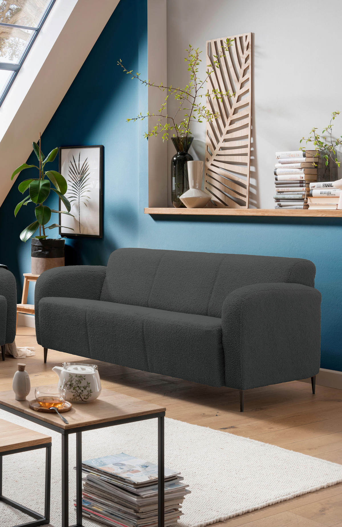 3-SITZER-SOFA Teddystoff Anthrazit  - Anthrazit/Schwarz, MODERN, Textil/Metall (180/76/90cm) - Livetastic