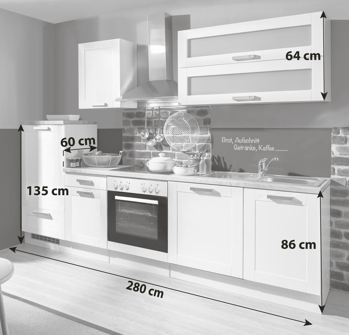 KÜCHENBLOCK 280 cm   in Weiß  - Eichefarben/Silberfarben, KONVENTIONELL, Holzwerkstoff/Kunststoff (280cm) - Menke