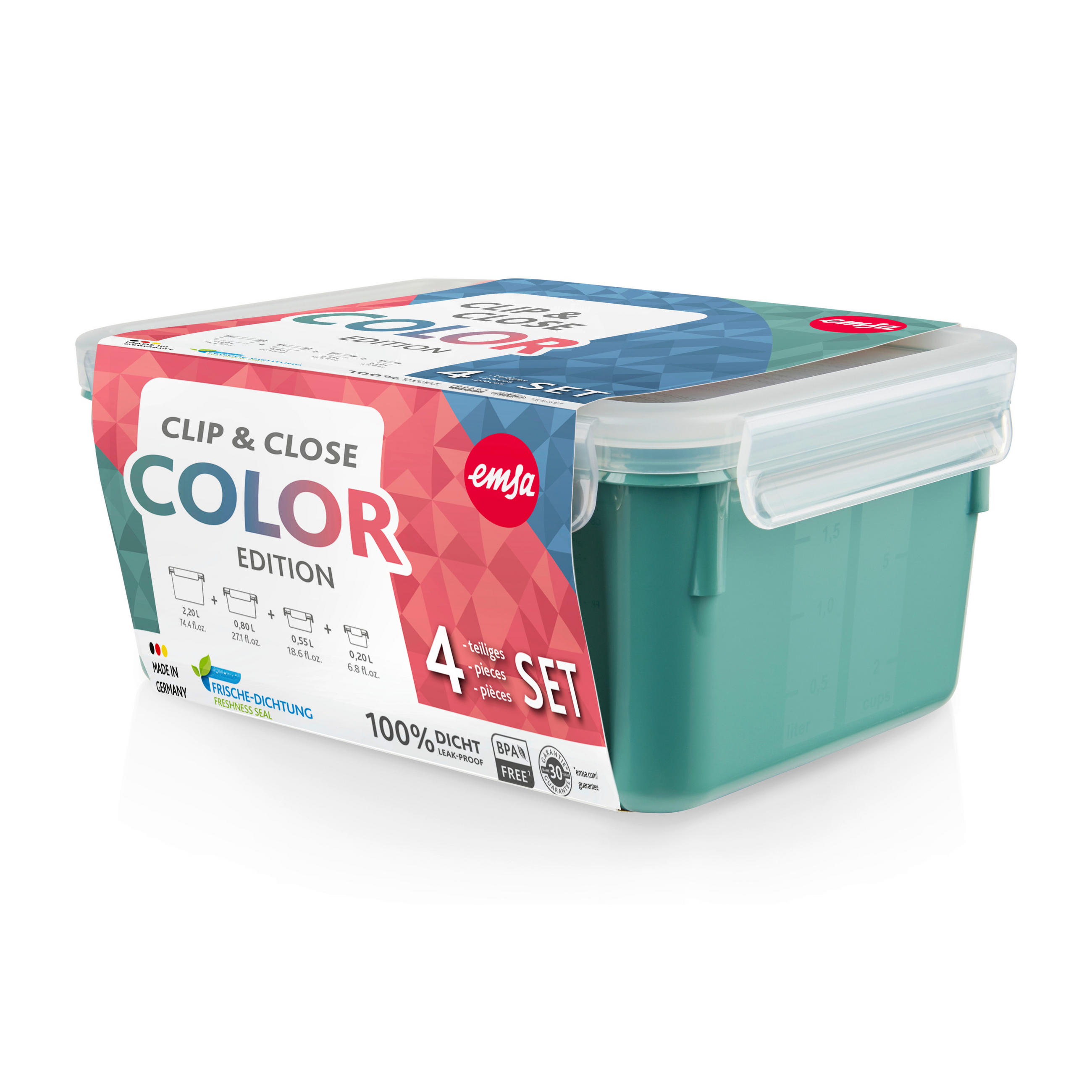 FRISCHHALTEDOSENSET CLIP & CLOSE COLOR EDITION 4-teilig  - Transparent/Petrol, Basics, Kunststoff (22,6/16,7/9,9cm) - Emsa