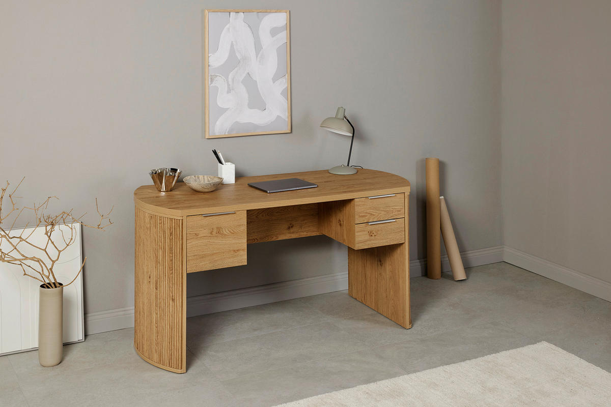 SCHREIBTISCH 148/59/75,2 cm Eichefarben Stauraum  - Eichefarben/Alufarben, MODERN, Holzwerkstoff/Metall (148/59/75,2cm) - MID.YOU