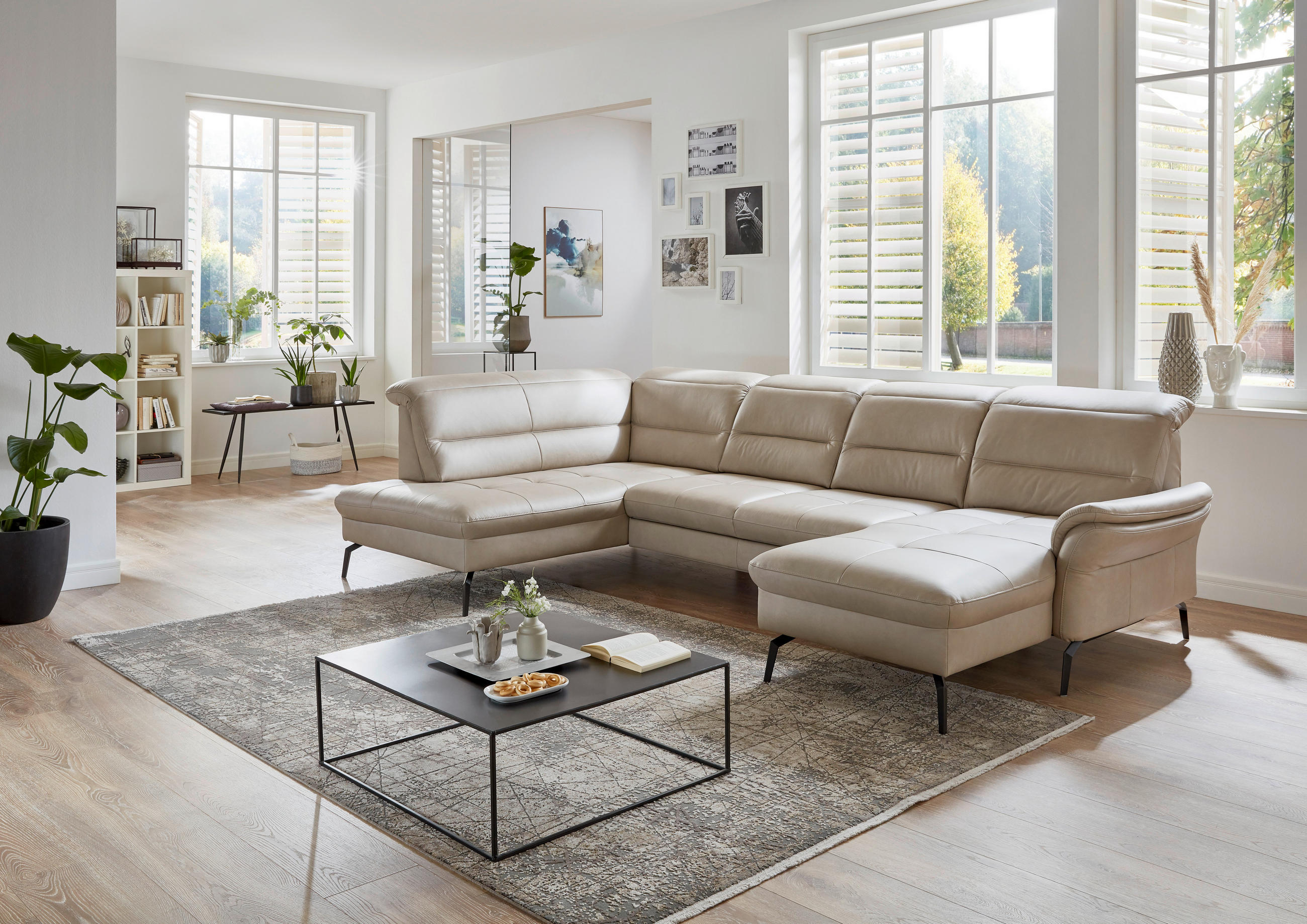 SEDACÍ SOUPRAVA, kůže, béžová - černá/béžová, Design, kov/kůže (206/336/181cm) - Beldomo Premium