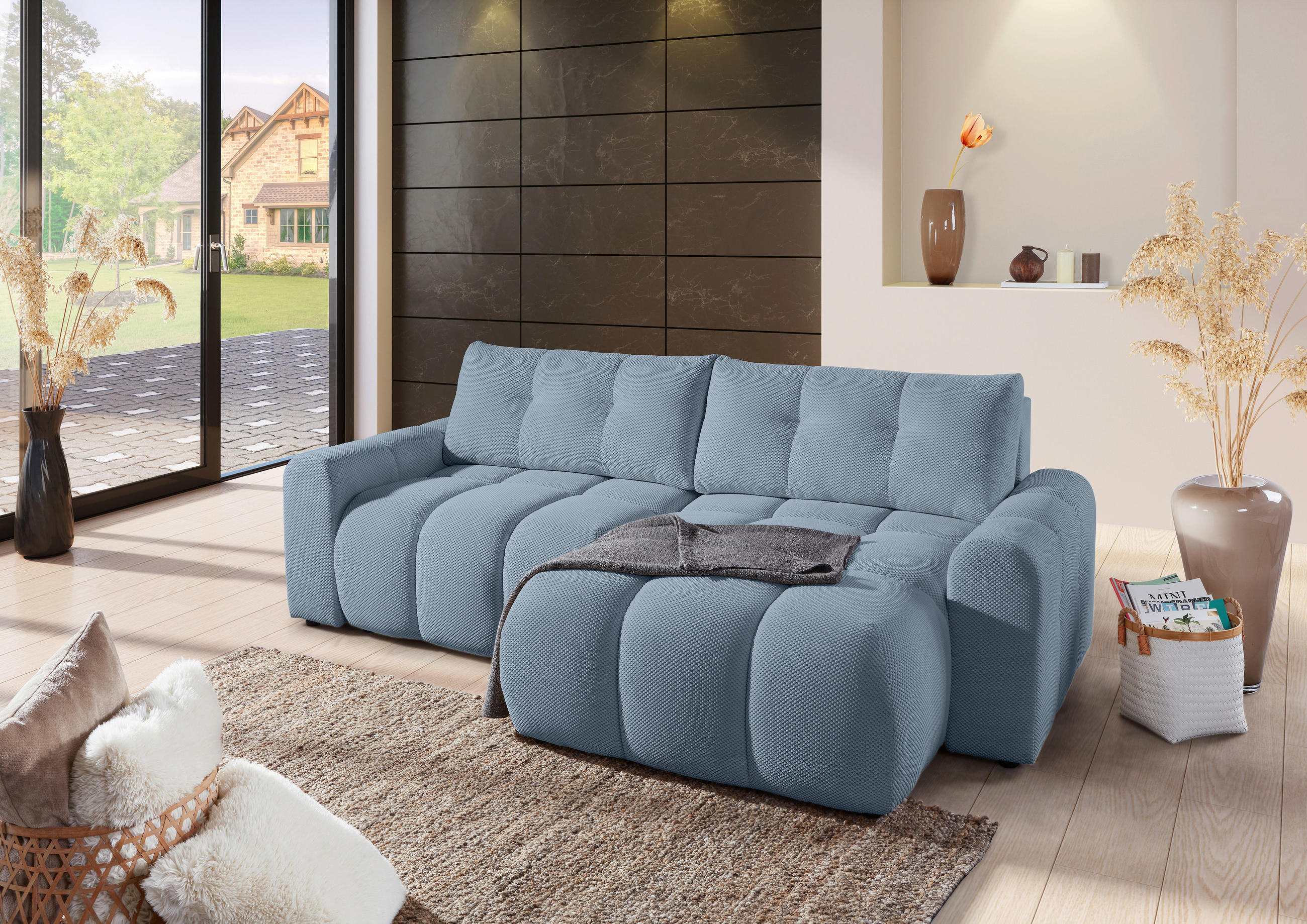 ECKSOFA in Flachgewebe Blau  - Blau/Schwarz, Konventionell, Kunststoff/Textil (256/157cm) - Carryhome