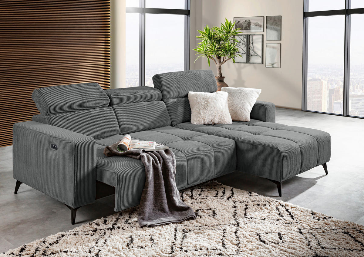 ECKSOFA Dunkelgrau Cord Rücken echt, Kopfteilverstellung, Sitzvorzug  - Dunkelgrau/Schwarz, KONVENTIONELL, Textil/Metall (257/170cm) - Carryhome