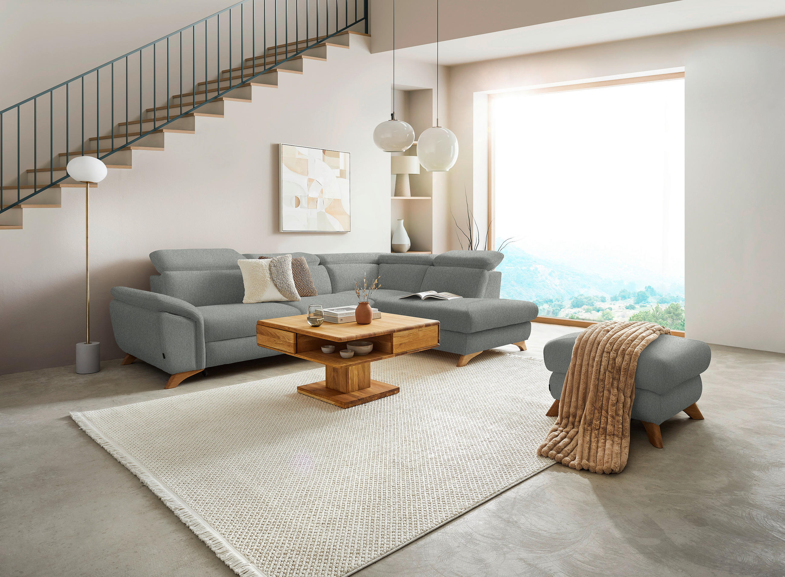 ECKSOFA MERCURY Silberfarben Chenille  - Eichefarben/Silberfarben, MODERN, Holz/Textil (287/212cm) - Valnatura