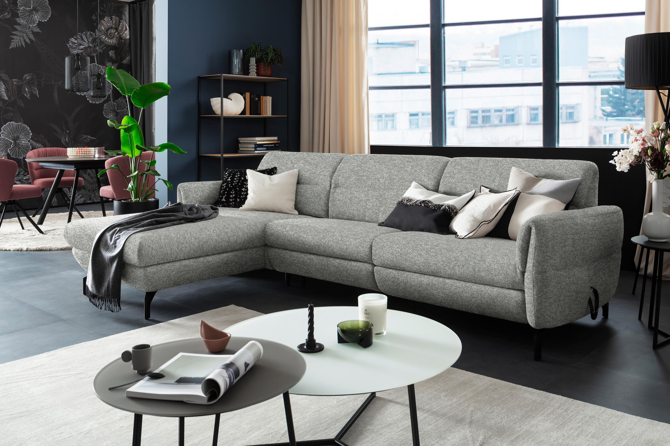 ECKSOFA in Chenille Hellgrau, Grau  187/299 cm  - Hellgrau/Schwarz, Design, Textil/Metall (187/299cm) - Schöner Wohnen