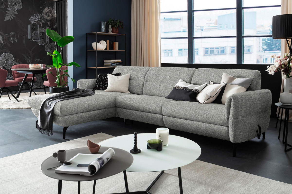 ECKSOFA in Chenille Hellgrau, Grau  187/299 cm  - Hellgrau/Schwarz, Design, Textil/Metall (187/299cm) - Schöner Wohnen