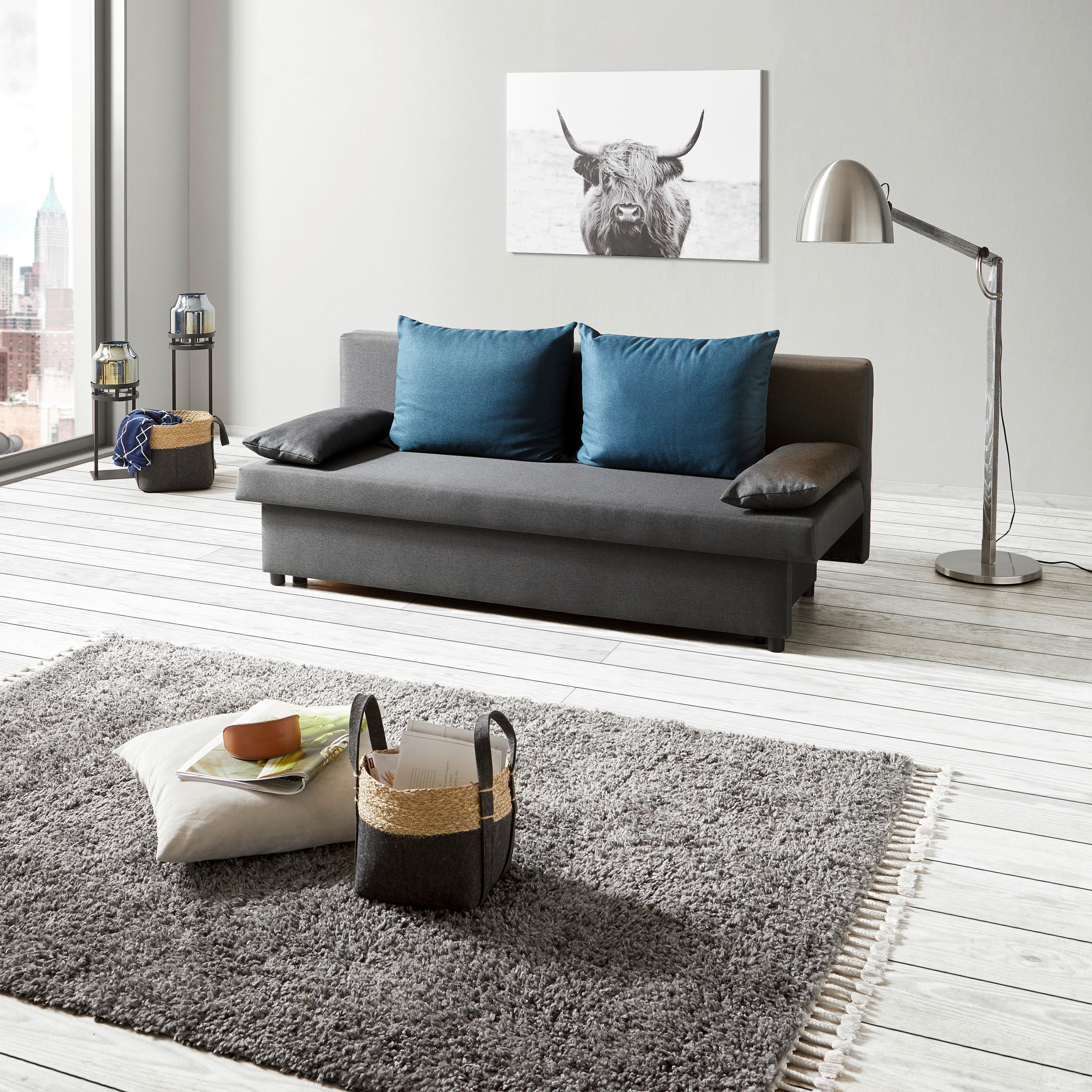 Thumbnail - P & B Schlafsofa, Dunkelgrau, Holz, Metall, Kunststoff, Textil, Karton, Kiefer, Sperrholz, 2-Sitzer, Füllung: Schaumstof...