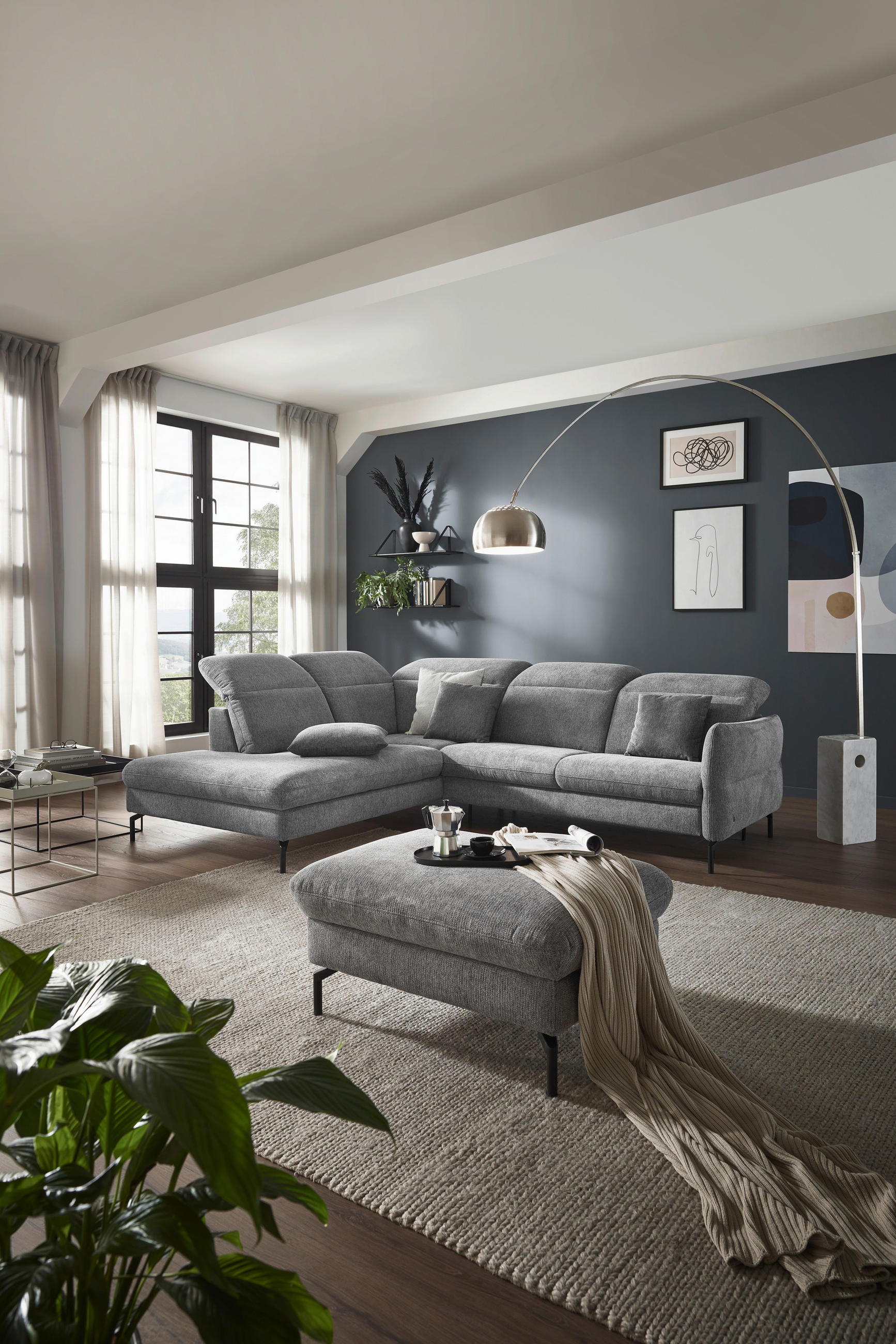 Thumbnail - Dieter Knoll Ecksofa Atlanta 2.0, Grau, Textil, 3-Sitzer, Ottomane links, L-Form, 299x233 cm, Fußauswahl, Lederauswahl, ...