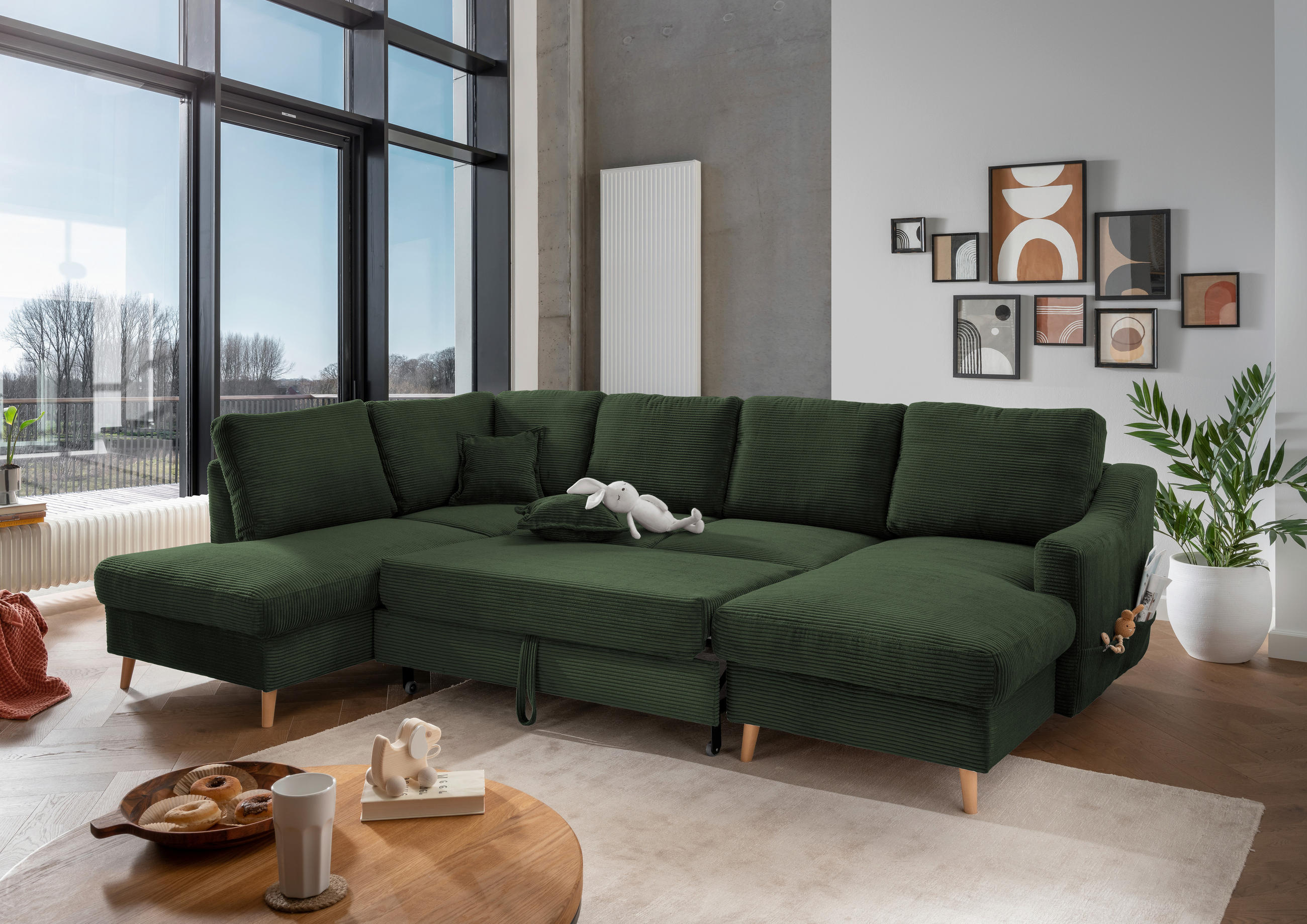 WOHNLANDSCHAFT in Cord Dunkelgrün  - Dunkelgrün/Naturfarben, KONVENTIONELL, Holz/Textil (200/301/150cm) - P & B