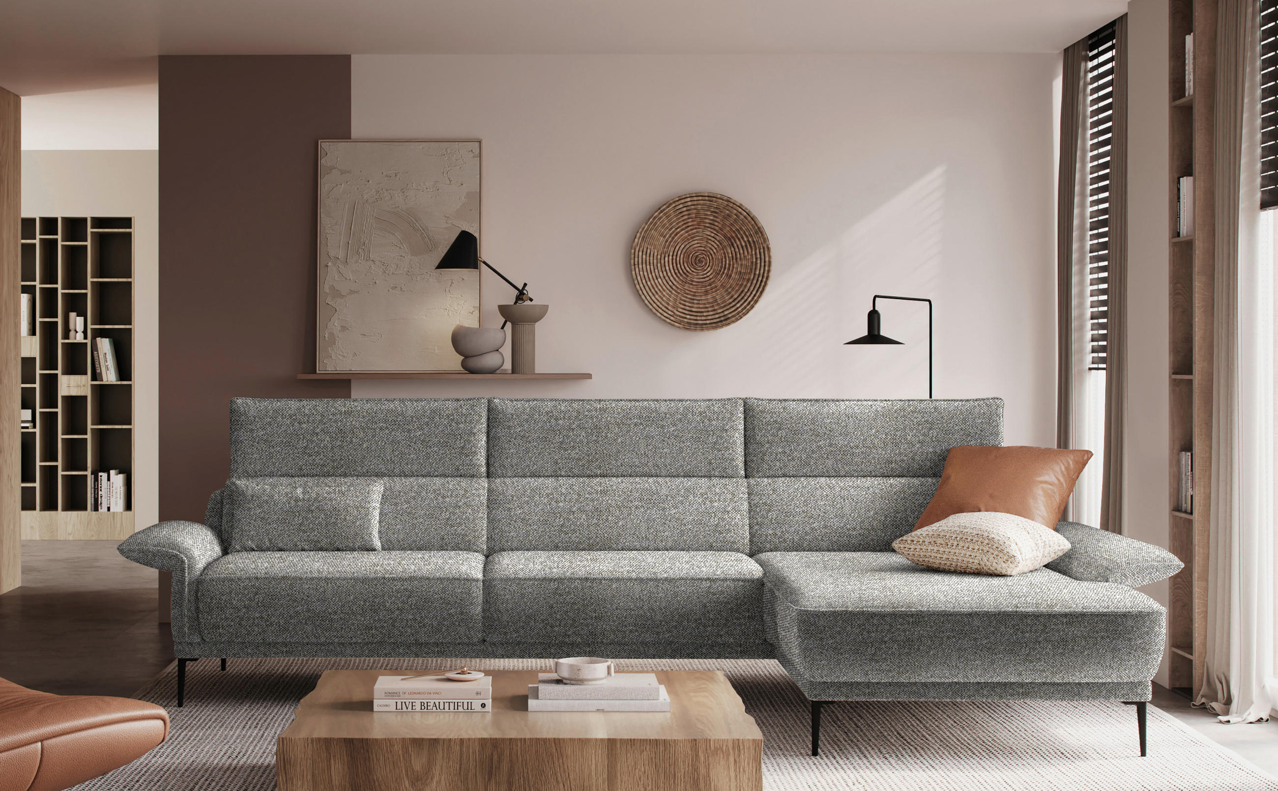 ECKSOFA in Bouclé Grau  - Schwarz/Grau, Design, Textil/Metall (330/186cm) - Johann Jakob