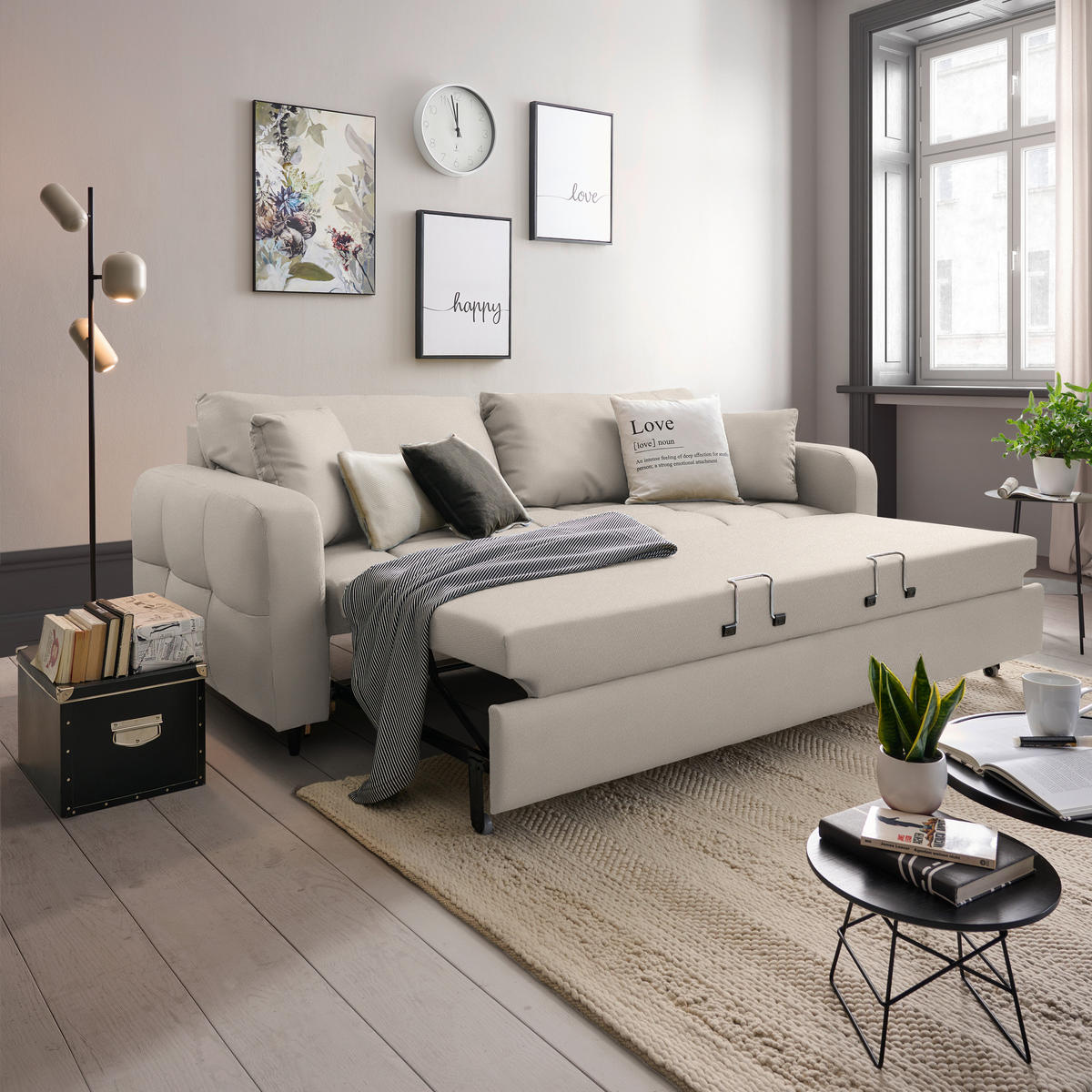 SCHLAFSOFA Webstoff Beige Stoffauswahl, Bettfunktion erhältlich, Rücken echt, Armteil links, Armteil rechts  - Beige/Schwarz, Design, Holz/Textil (236/88/101cm) - Lomoco