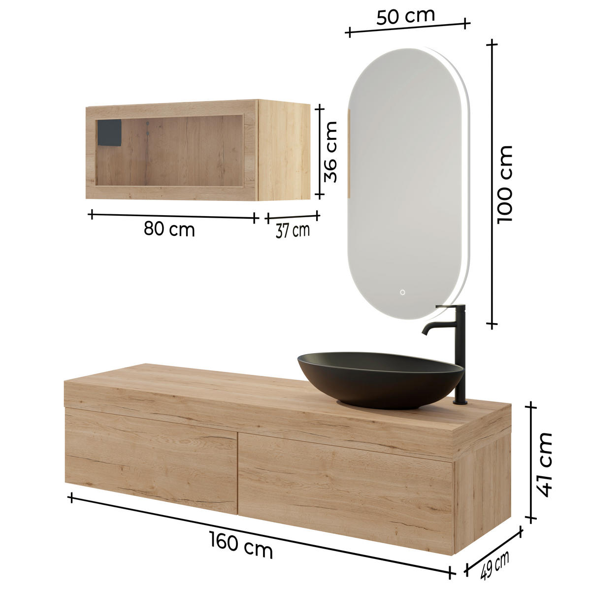BADEZIMMER 6-teilig  in 160 cm  - Eichefarben/Schwarz, MODERN, Glas/Keramik (160cm) - Celina Home