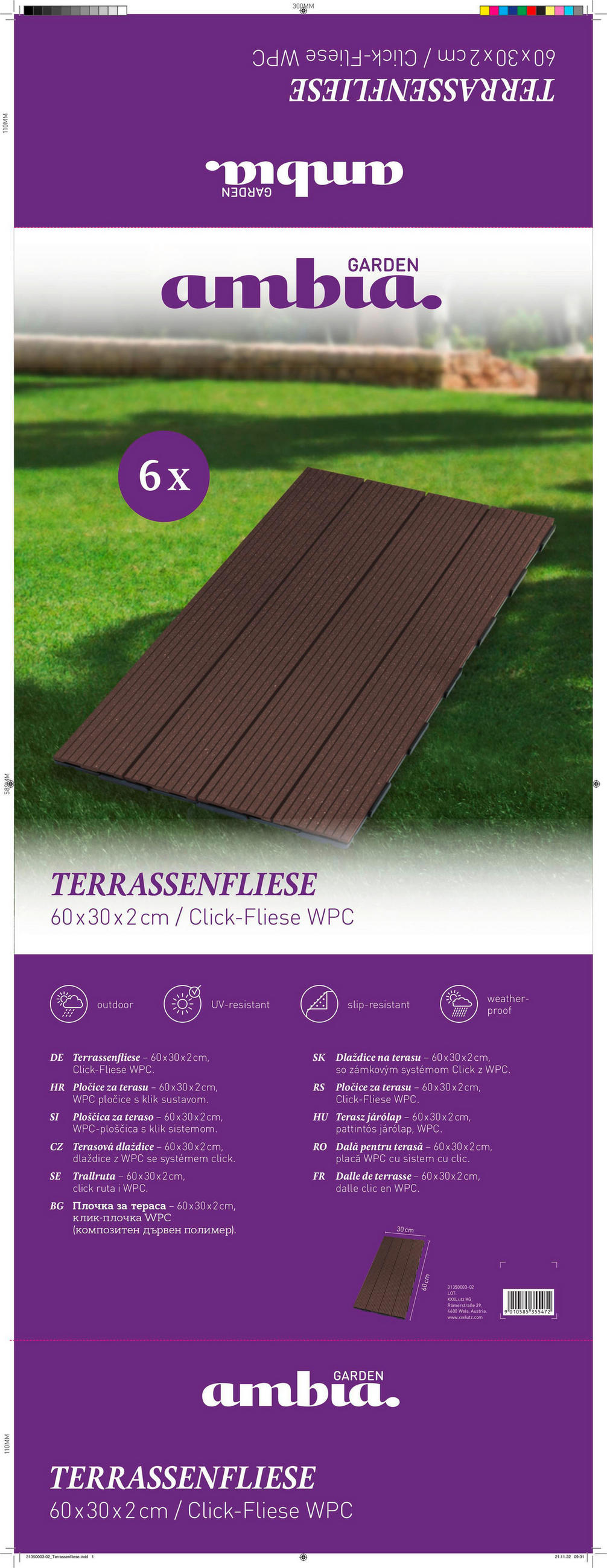 TERRASSENFLIESE Grau, Dunkelbraun 6 Stück  - Dunkelbraun/Grau, Basics, Kunststoff (60/30/2cm) - Ambia Garden