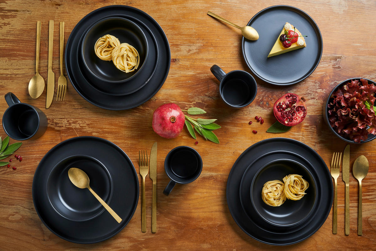 KOMBISERVICE Schwarz Nero 16-teilig 4 Personen  - Schwarz, KONVENTIONELL, Keramik (30/30/30cm) - Van Well