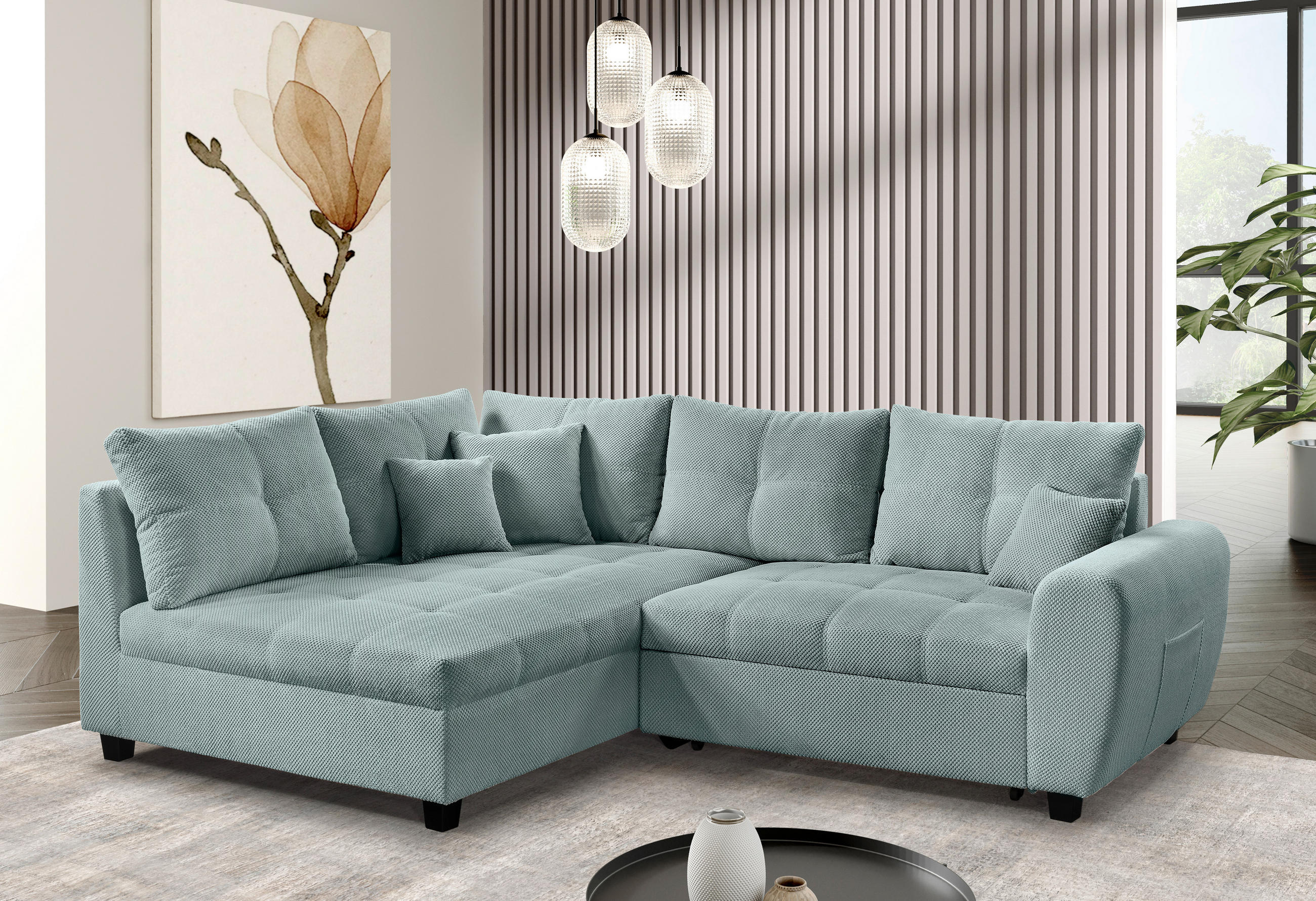 Thumbnail - Carryhome Ecksofa, Mintgrün, Textil, 4-Sitzer, Füllung: Schaumstoffflocken,Schaumstoffflocken, Ottomane links, L-Form, 2...