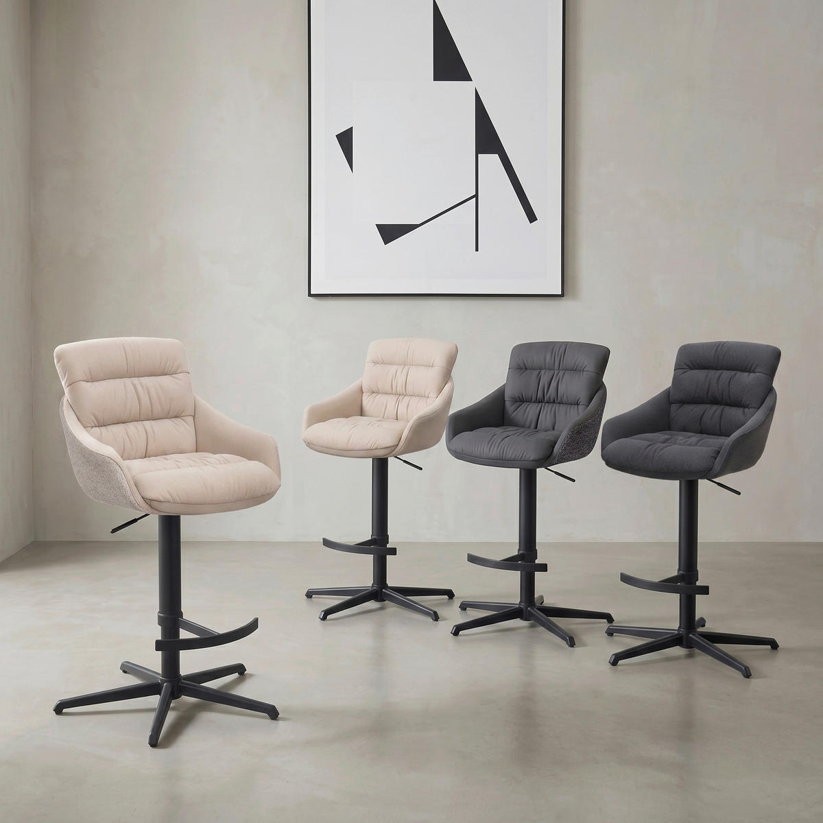 BARHOCKER Webstoff Echtleder Beige Stahl Sitzfläche 360° drehbar, inklusive Armlehnen, automatische Rückholfunktion  - Beige, Design, Leder/Textil (58/103/120/61cm) - Dieter Knoll