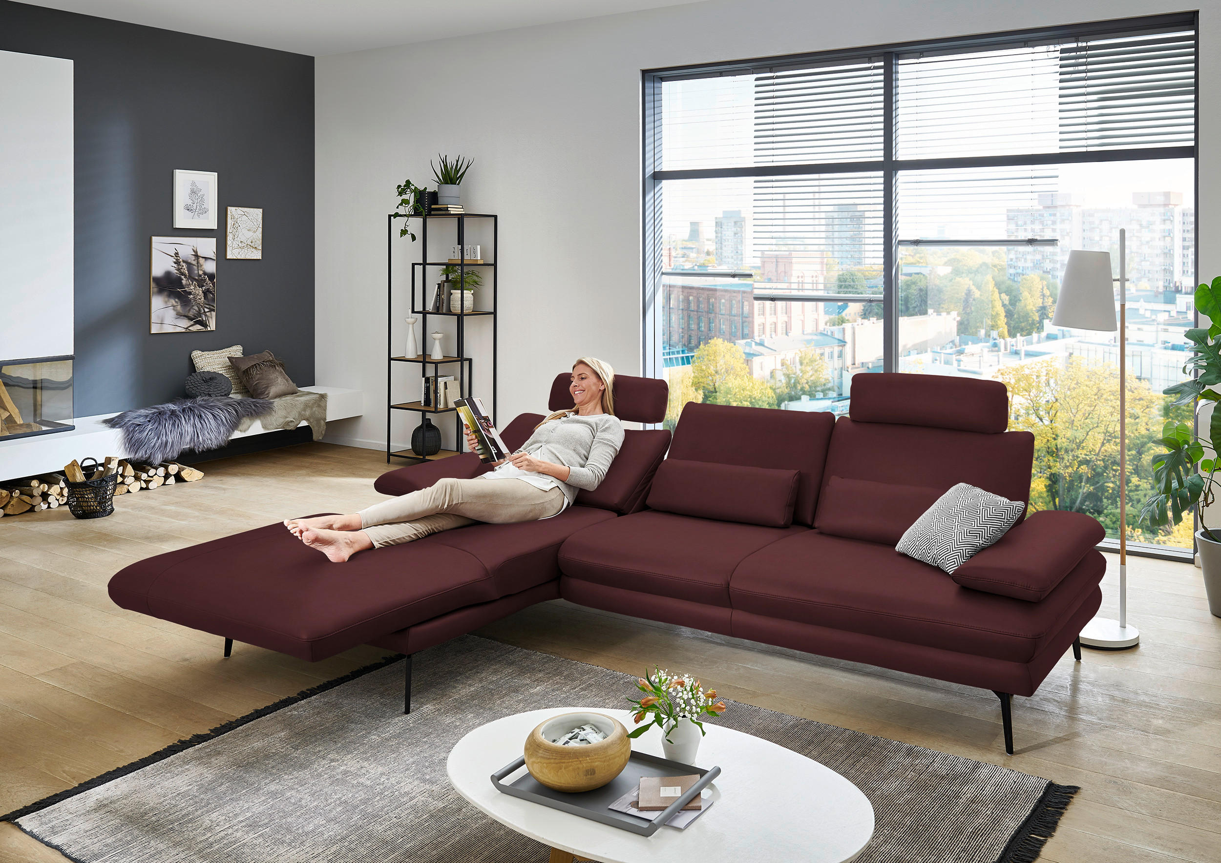 ECKSOFA in Echtleder Beere  - Beere/Schwarz, Design, Leder/Metall (180/310cm) - Dieter Knoll