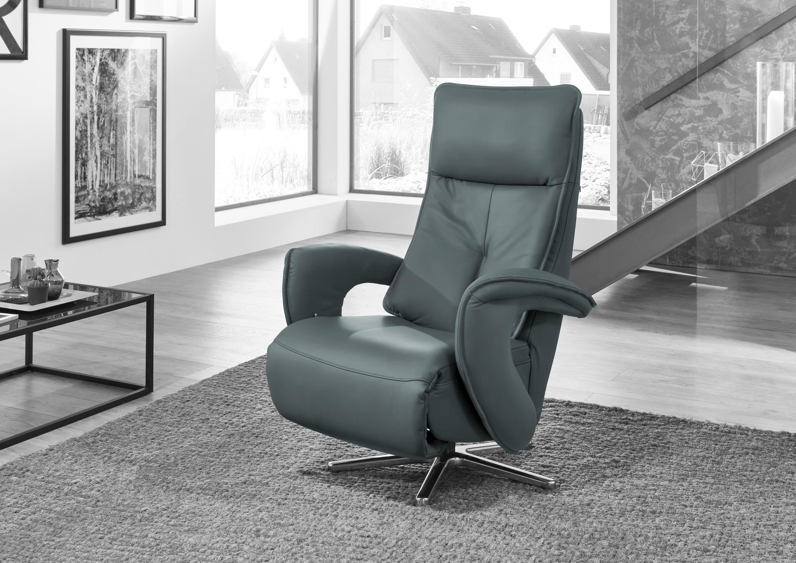 RELAXSESSEL in Leder Blau, Grau  - Blau/Edelstahlfarben, Design, Leder/Metall (77/110/87cm) - Valdera
