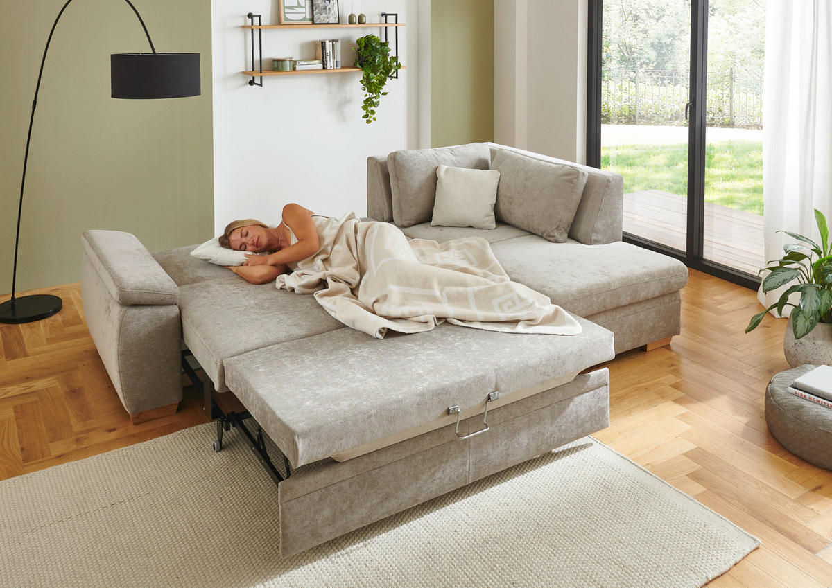 ECKSCHLAFSOFA  in Chenille Hellbraun  - Hellbraun/Eiche Bianco, KONVENTIONELL, Holz/Textil (253/170cm) - Beldomo Style