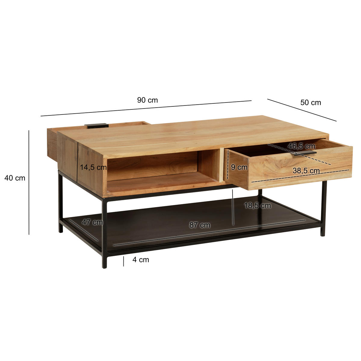 COUCHTISCH in Holz 90/50/40 cm  - Schwarz/Akaziefarben, Design, Holz/Metall (90/50/40cm) - MID.YOU