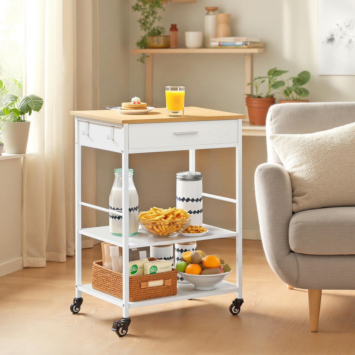 SERVIERWAGEN Weiß, Eichefarben  - Eichefarben/Silberfarben, Trend, Holzwerkstoff/Kunststoff (45/60/90cm) - Boxxx