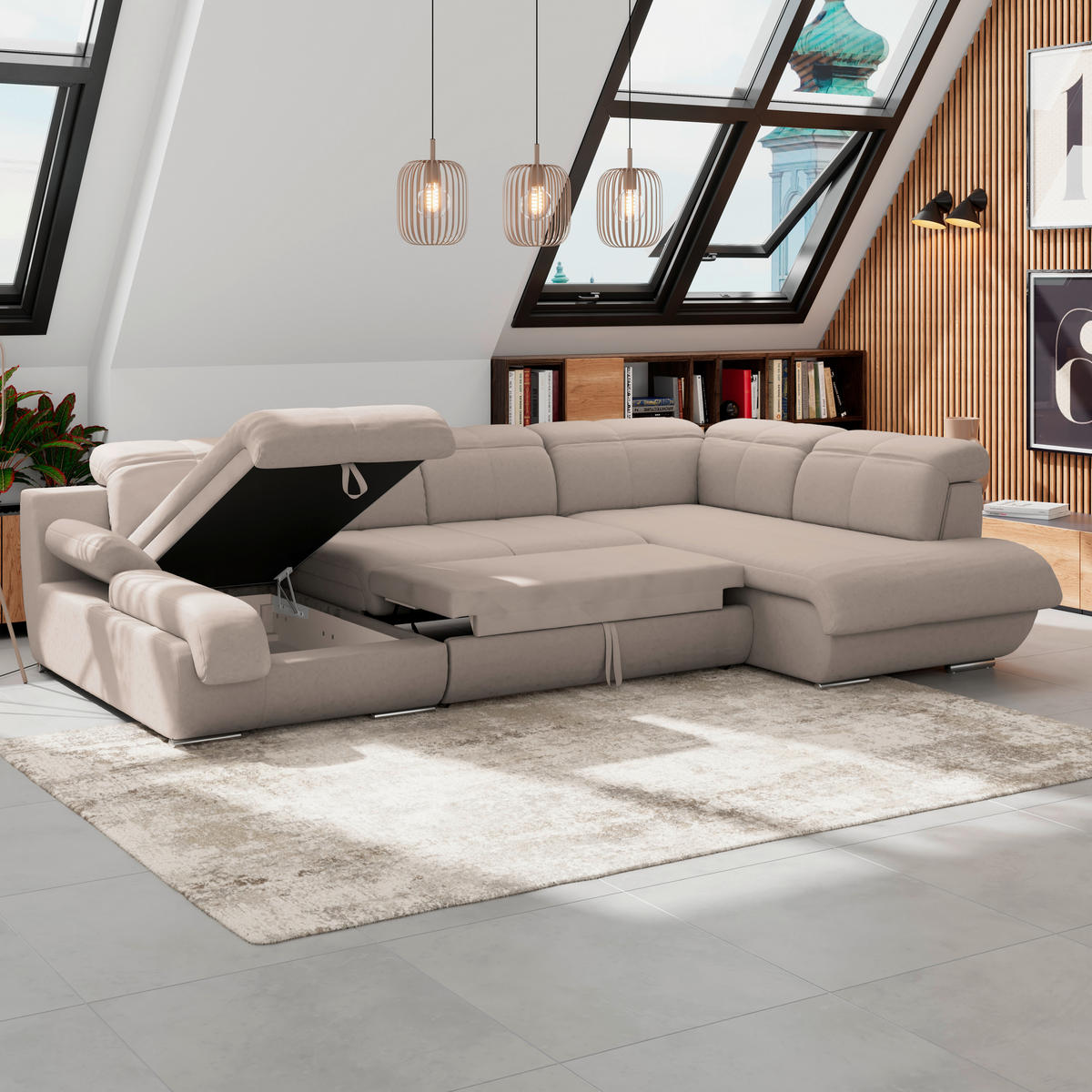 WOHNLANDSCHAFT Beige Mikrofaser  - Chromfarben/Dunkelgrau, MODERN, Textil/Metall (184/345/228cm) - MID.YOU