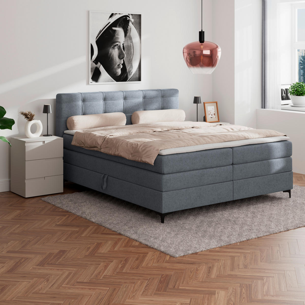 BOXSPRINGBETT 200/200 cm,  in Blaugrau, H3 = fest  - Blaugrau/Schwarz, KONVENTIONELL, Kunststoff/Textil (200/200cm)