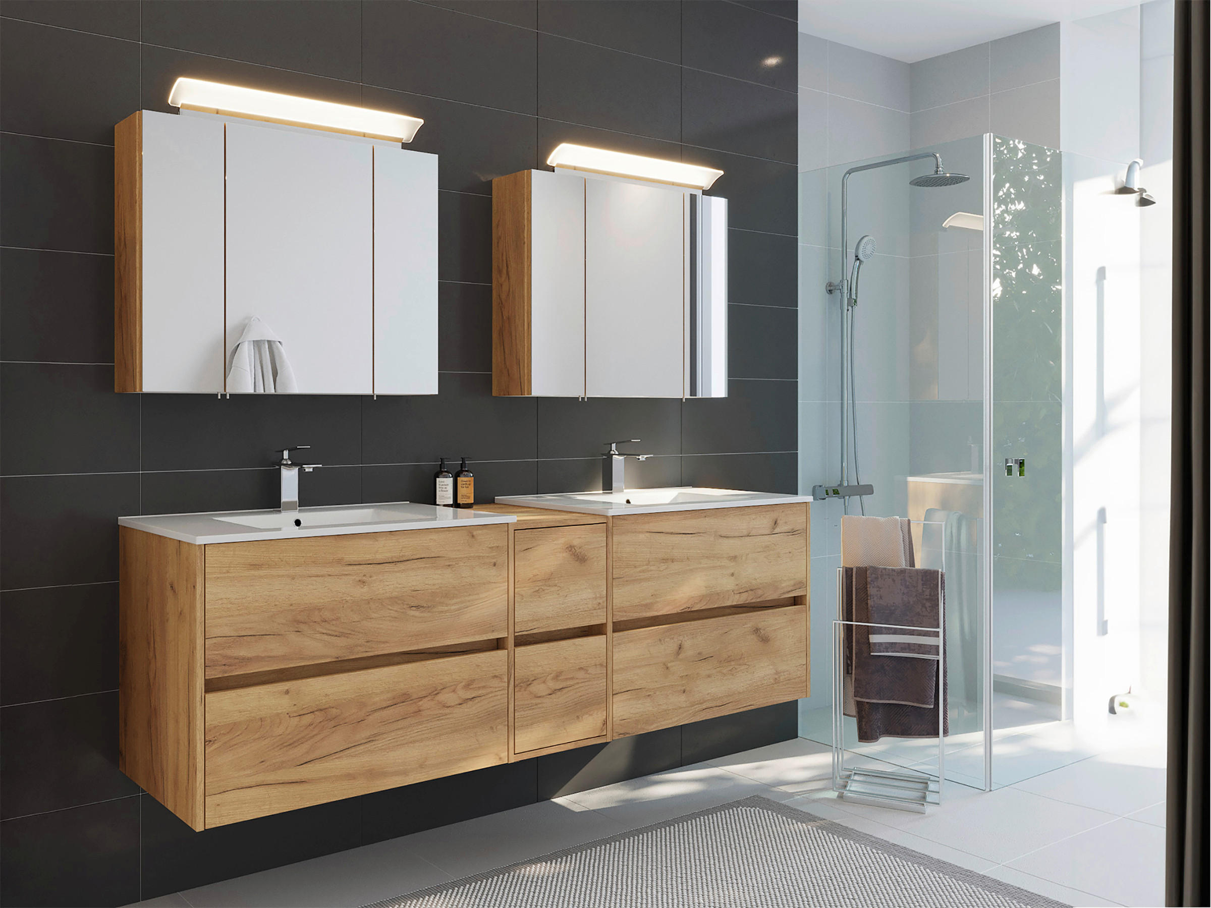 BADEZIMMER 3-teilig  in 190 cm  - Eichefarben/Weiß, Trend, Glas/Holzwerkstoff (190cm) - MID.YOU