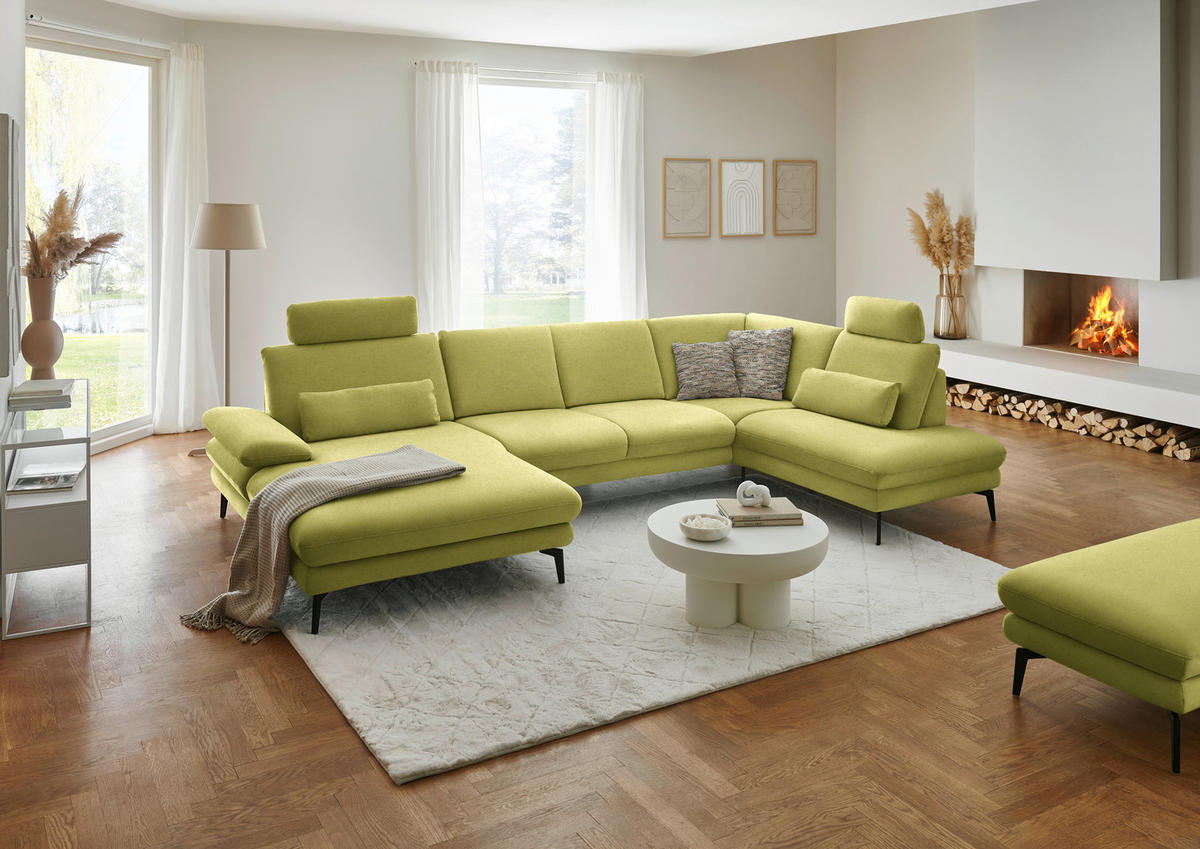 WOHNLANDSCHAFT Chenille, Flachgewebe Hellgrün  - Schwarz/Hellgrün, Design, Textil/Metall (180/344/208cm) - Dieter Knoll