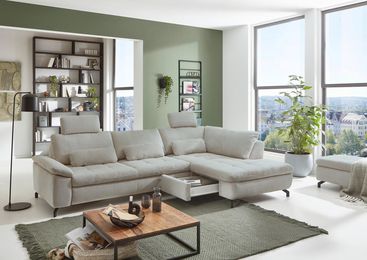 ECKSOFA in Cord, Velours Hellgrün  - Schwarz/Hellgrün, Design, Textil/Metall (291/197cm) - Beldomo Style